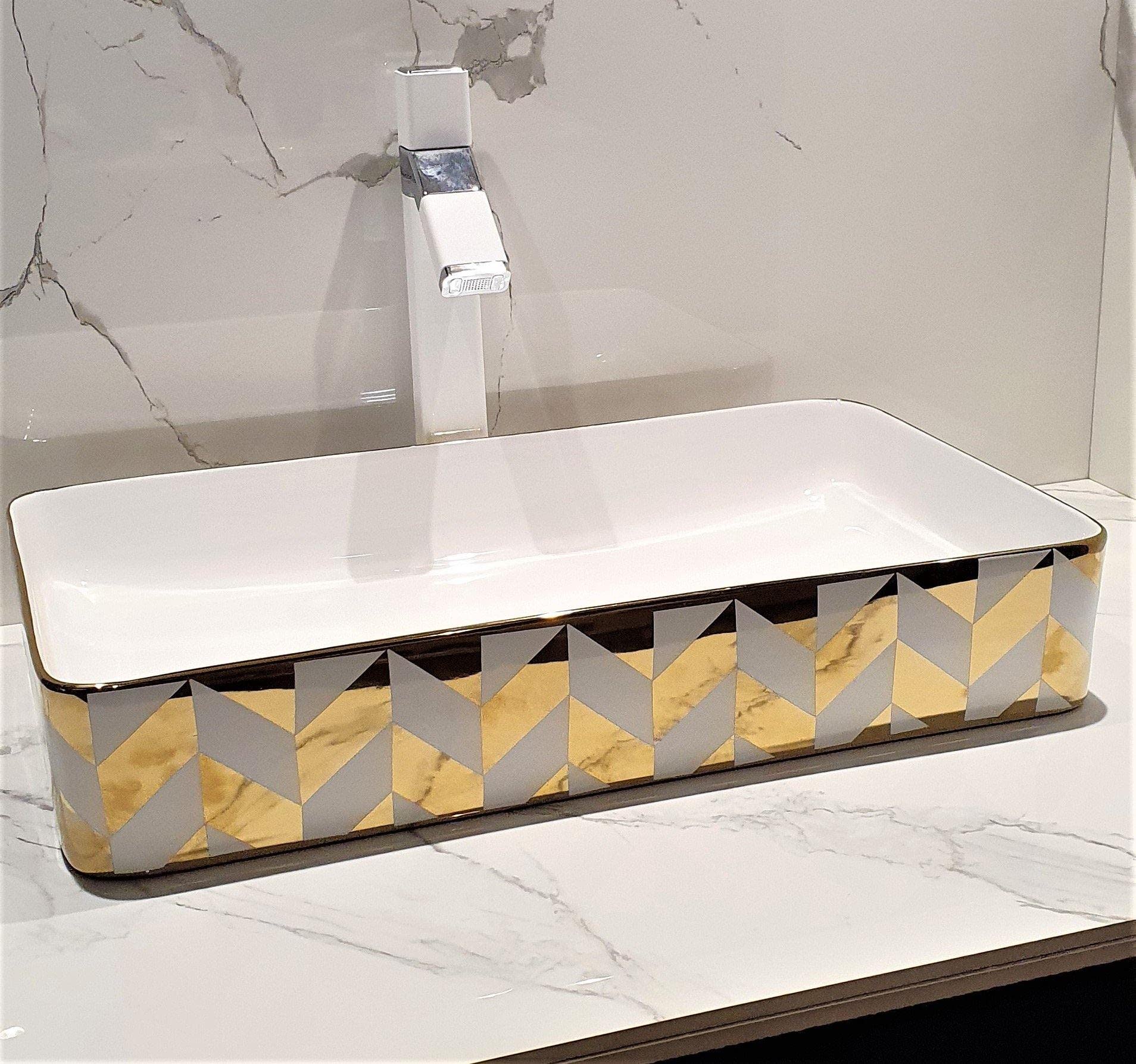 Premium Ceramic Gold Wash Basin - 60x35x11cm Countertop Vessel Sink for Bathroom Vanity | Modern Art Basin with Glossy White & Gold Finish | Perfect for Luxury Homes, Spas & Boutique Hotels