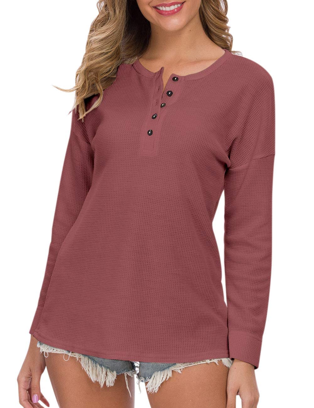 WNEEDU Women's Waffle Knit Tunic Top - Loose Fit Long Sleeve Button Up Henley Shirt with V-Neck | Casual Wear, Layering Piece, Office Outfit & Everyday Comfort