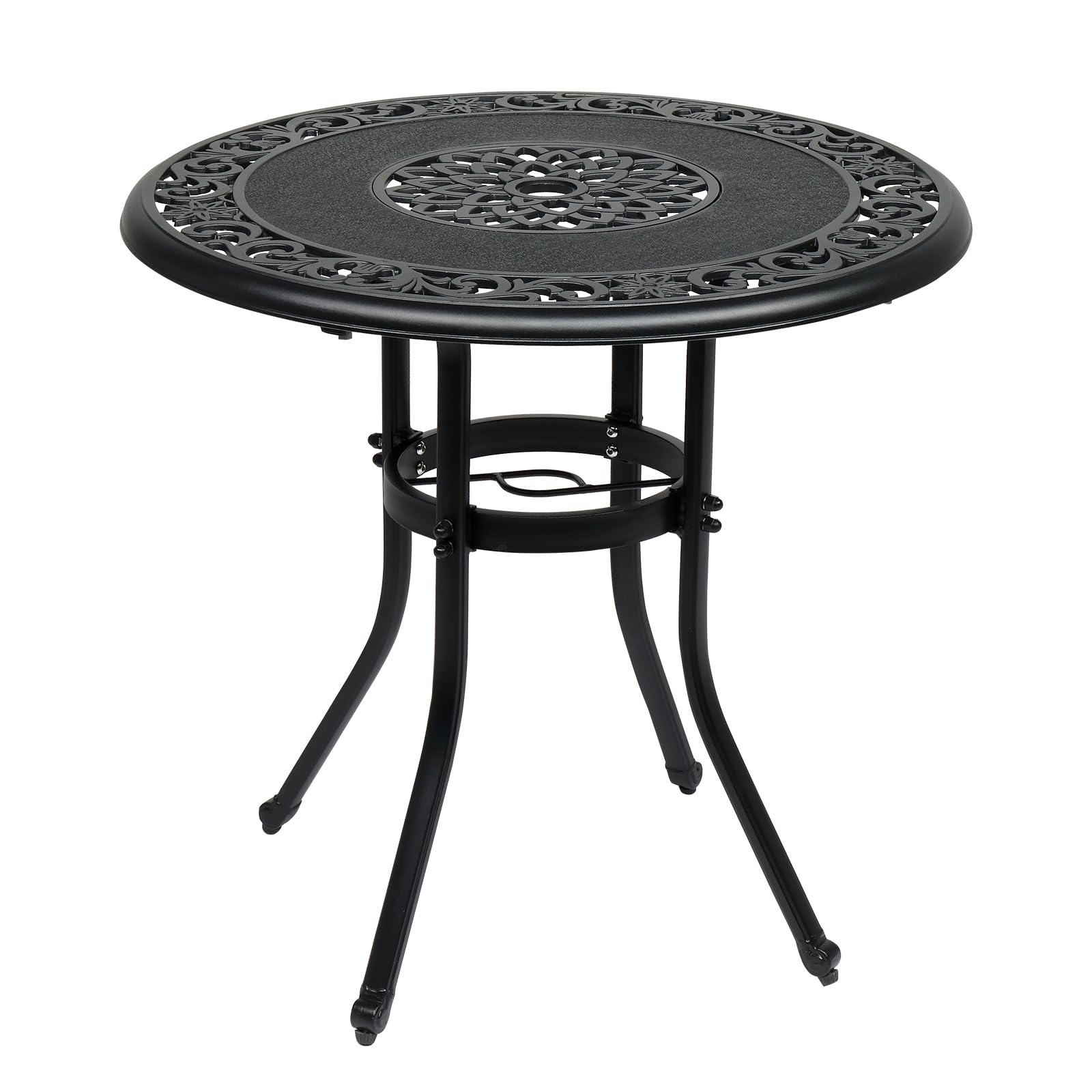VINGLI 32 Inch Outdoor Patio Table with Umbrella Hole - Heavy Duty Cast Aluminum Round Dining Table for Backyard, Garden, Deck - Weather Resistant Black Bistro Set for Outdoor Entertaining & Relaxation
