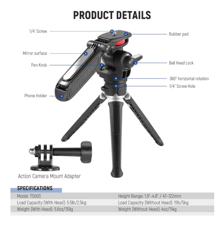 NEEWER TS003 Mini Tripod Stand for DSLR Camera, Smartphone, iPhone, GoPro - Compact & Lightweight Travel Tripod for Vlogging, Photography, Video Shooting (Indoor & Outdoor Use)