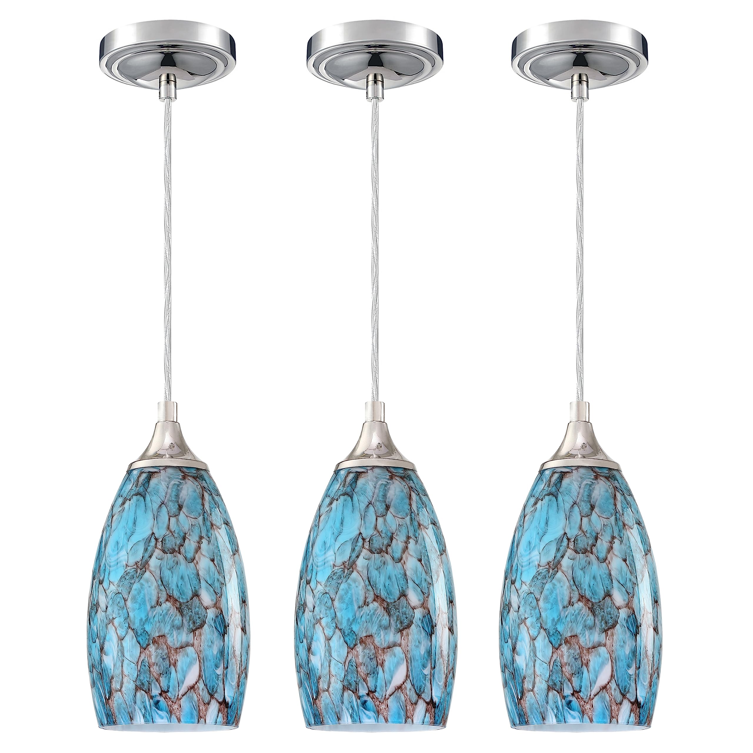 3 Pack Mini Hanging Pendant Lights - Polished Nickel Finish Handcrafted Art Glass Shade for Kitchen Island, Bar, Dining Room & Over Sink | Peacock Blue Glass | Indoor Decorative Lighting for Modern Home Decor