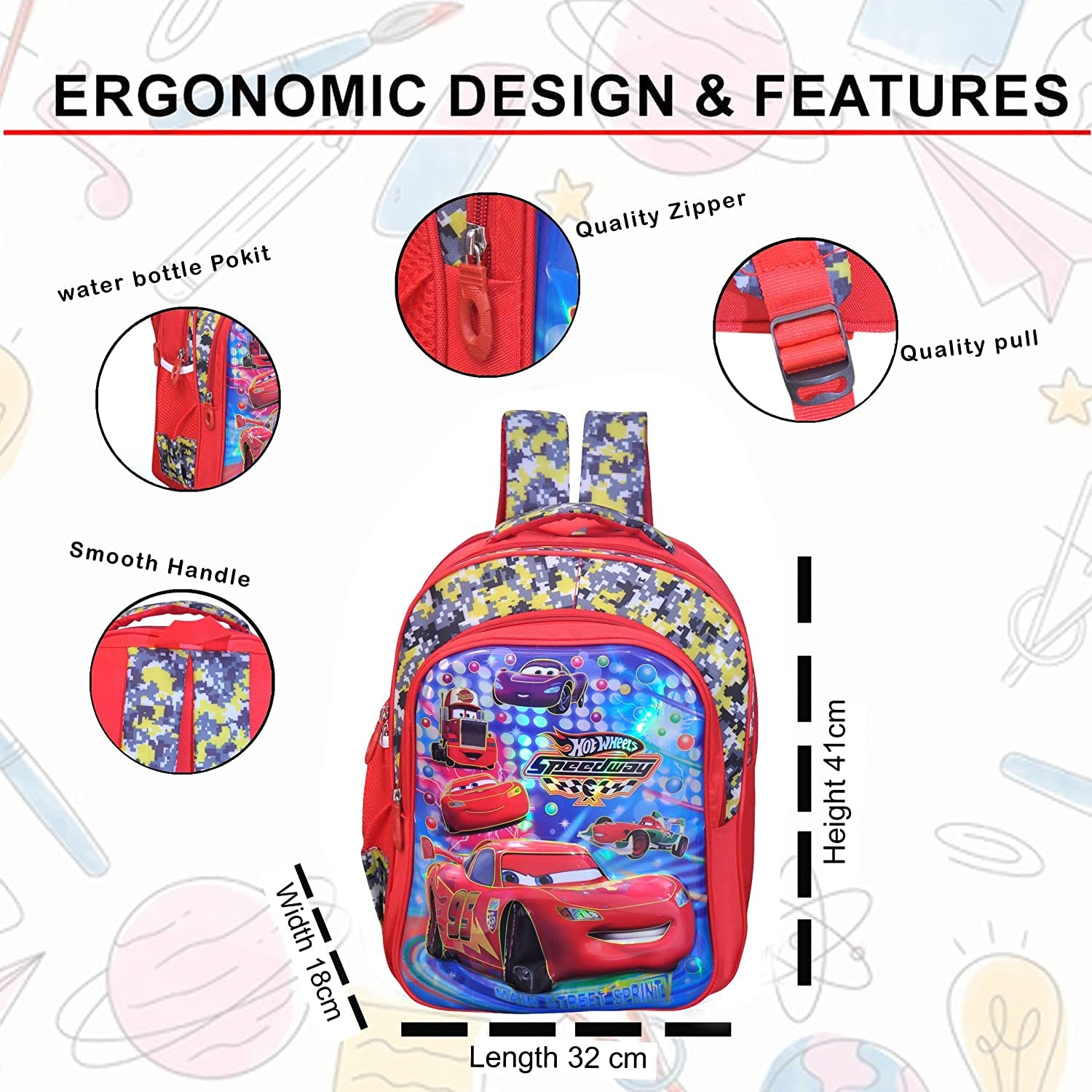 Happile Kids Backpack for School - Red & Multicolor Small Backpack for Ages 4-7 Years | Perfect for Preschool, Play School & Daycare Use