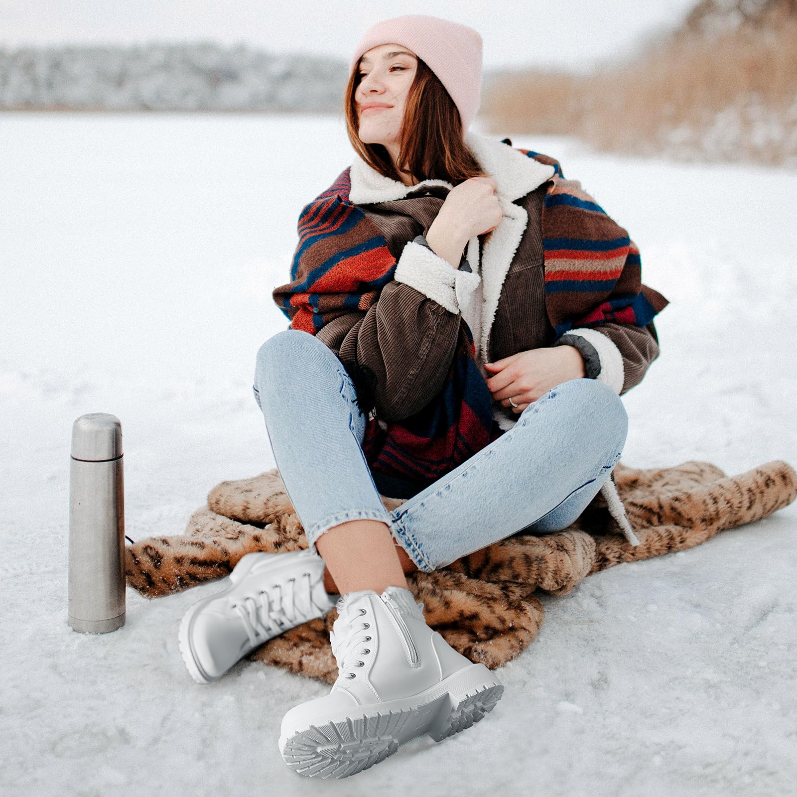 Women's Combat Boots - Black Ankle Booties with Side Zipper | Winter Snow Boots with Non-Slip Sole | Warm Fuzzy Lined Lace-Up Boots for Outdoor, Hiking & Streetwear Fashion