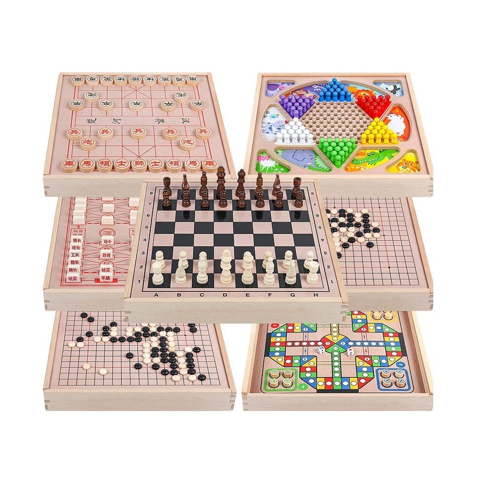 JHSHENGSHI 7-in-1 Chinese Checkers & Chess Set - Wooden Board Game for Kids & Adults | Family Fun, Educational Toy, Travel Entertainment, Party Games & Cognitive Development Activity