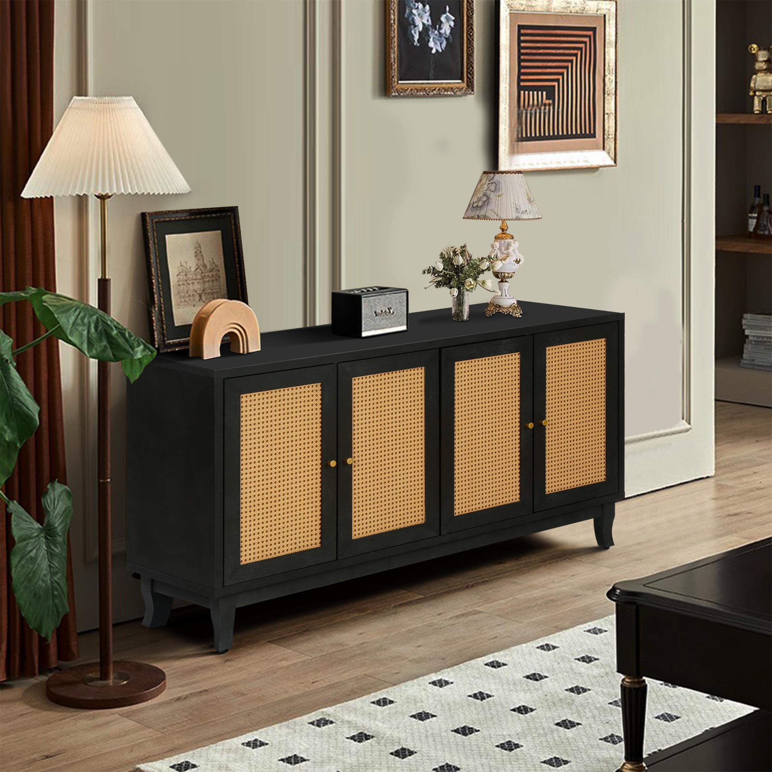 Vintage Wooden Buffet Sideboard Cabinet with Artificial Rattan Doors - Freestanding Storage Console Table for Dining Room, Living Room & Entryway - Large Kitchen Storage Space - Black (Perfect for Farmhouse Decor & Small Space Organization)