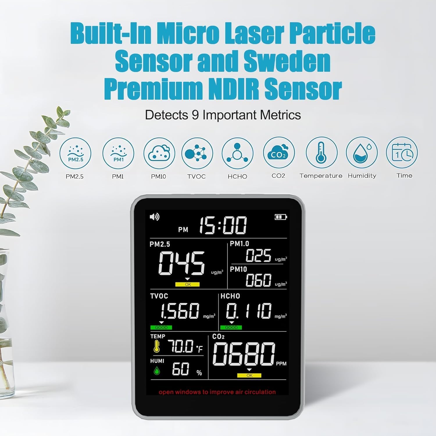 Xoopon 9-in-1 Professional Indoor Air Quality Monitor - Portable PM2.5/PM10/CO2 Detector with Temperature, Humidity, Formaldehyde & TVOC Sensors - Real-Time Air Quality Tester for Home, Office, Baby Room and Confined Spaces