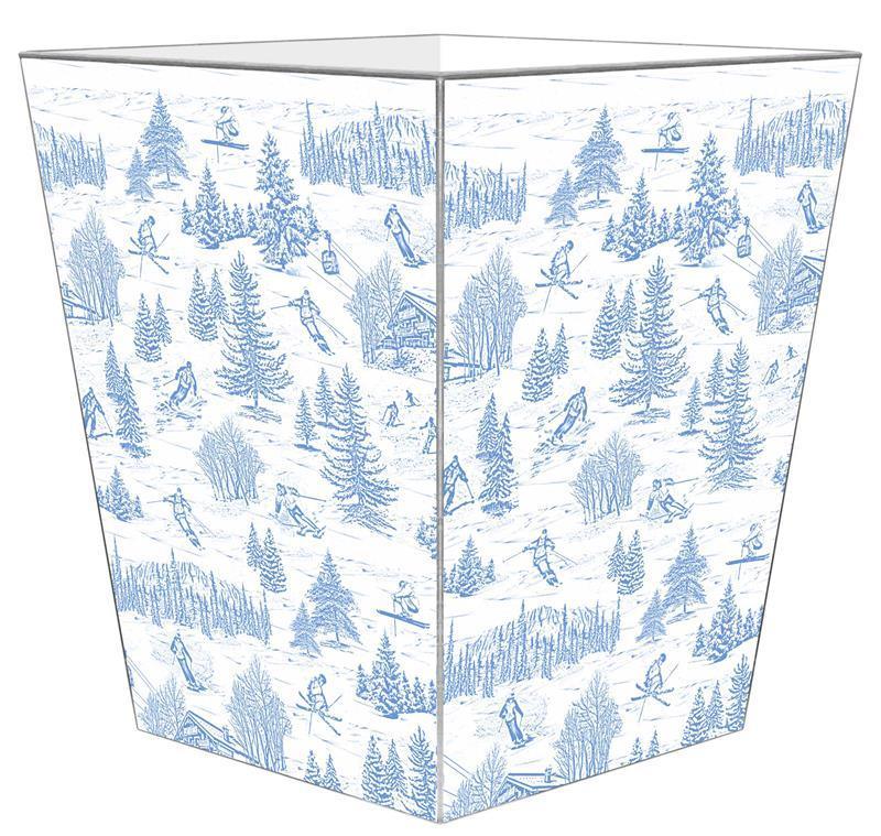 Blue Ski Toile Decoupage Wastebasket with Optional Tissue Box - Vintage French Country Bathroom Trash Can for Farmhouse Decor, Bedroom & Office Organization