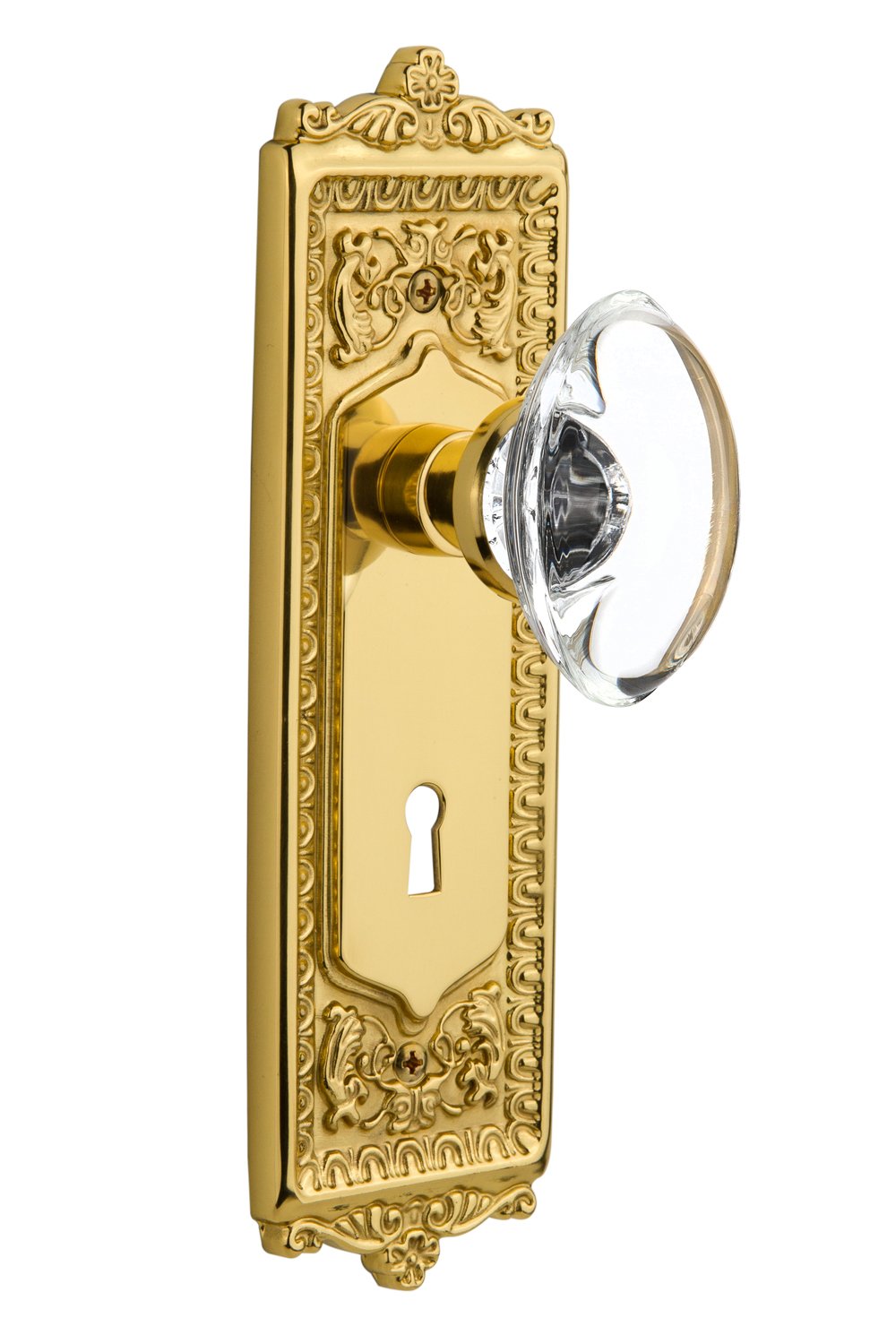 Vintage Egg & Dart Plate with Keyhole Oval Clear Crystal Glass Knob - Unlacquered Brass Double Dummy Door Hardware for Classic Home Decor | Perfect for Victorian, Colonial & Traditional Interior Design
