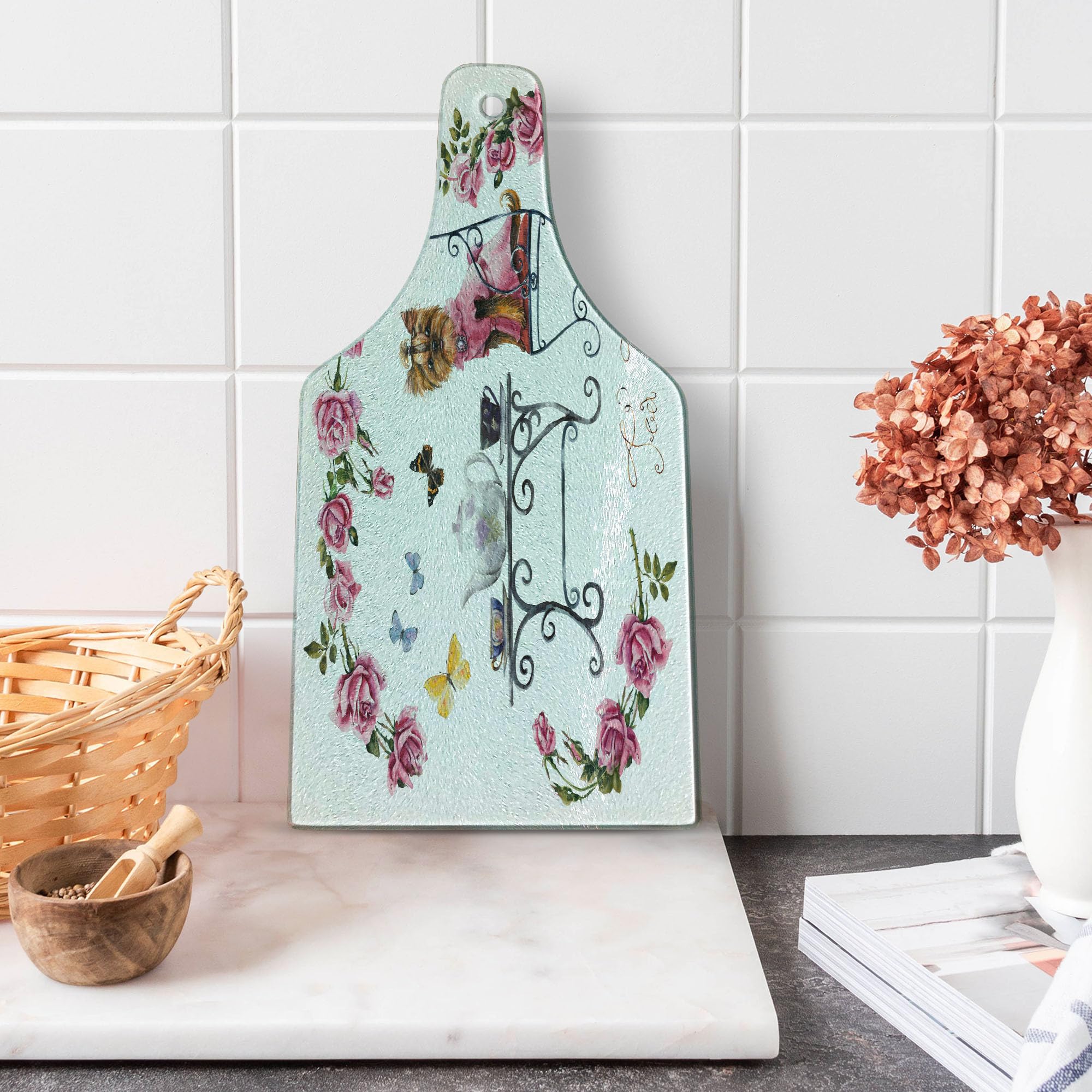 Ambesonne Yorkie Themed Cutting Board - Yorkshire Terrier in Pink Dress Tea Party Design with Butterflies & Roses - Tempered Glass Serving Board for Cheese, Charcuterie & Wine - Elegant Wine Bottle Shape in Pale Pink & White - Perfect for Kitchen Decor & Hostess Gifts
