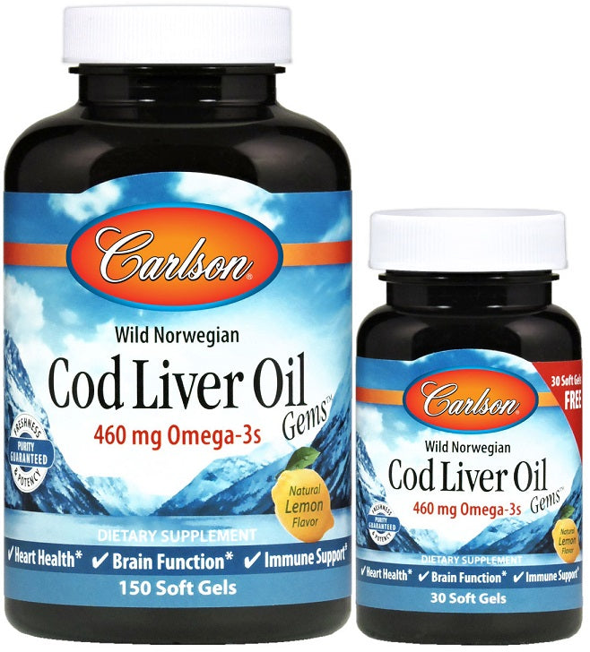 Carlson Labs Wild Norwegian Cod Liver Oil Softgels 460mg - 180 Count (150 + 30 Free) - Omega-3 EPA DHA Supplement for Heart, Brain & Immune Health - Supports Joint Function & Vitamin D Levels - Perfect for Daily Wellness Routine & Active Lifestyle