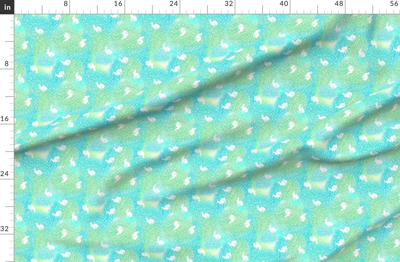 Watercolor Bunnies Green Blue Dot Rabbit Bunny Print Organic Cotton Sateen Fabric by The Yard - Perfect for Sewing, Quilting, Apparel & Home Decor - Spring Holiday Decorations, DIY Crafts, Baby Clothing & Nursery Decor