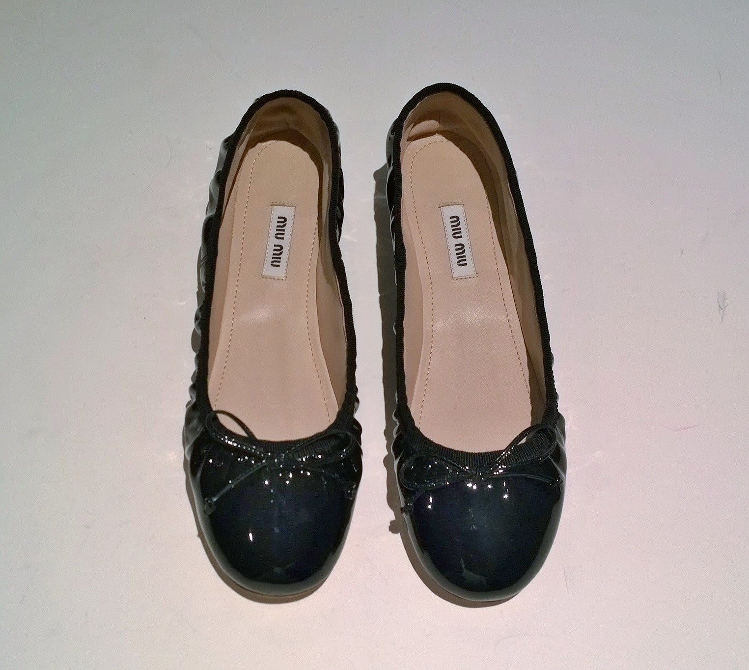 Miu Miu Black Patent Leather Ballet Flats - Pleated Draped Ballerina Shoes for Women | Perfect for Weddings, Parties & Everyday Elegant Wear