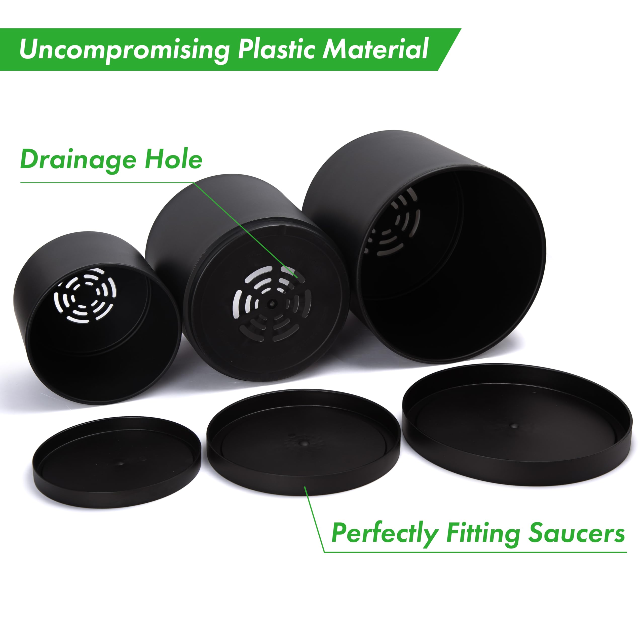D'vine Dev 8/10/12 Inch Plastic Plant Pots with Drainage Holes & Saucers - Set of 3 Black Large Flower Planters for Indoor Outdoor Home Garden Decor | Perfect for Succulents, Herbs, and Houseplants