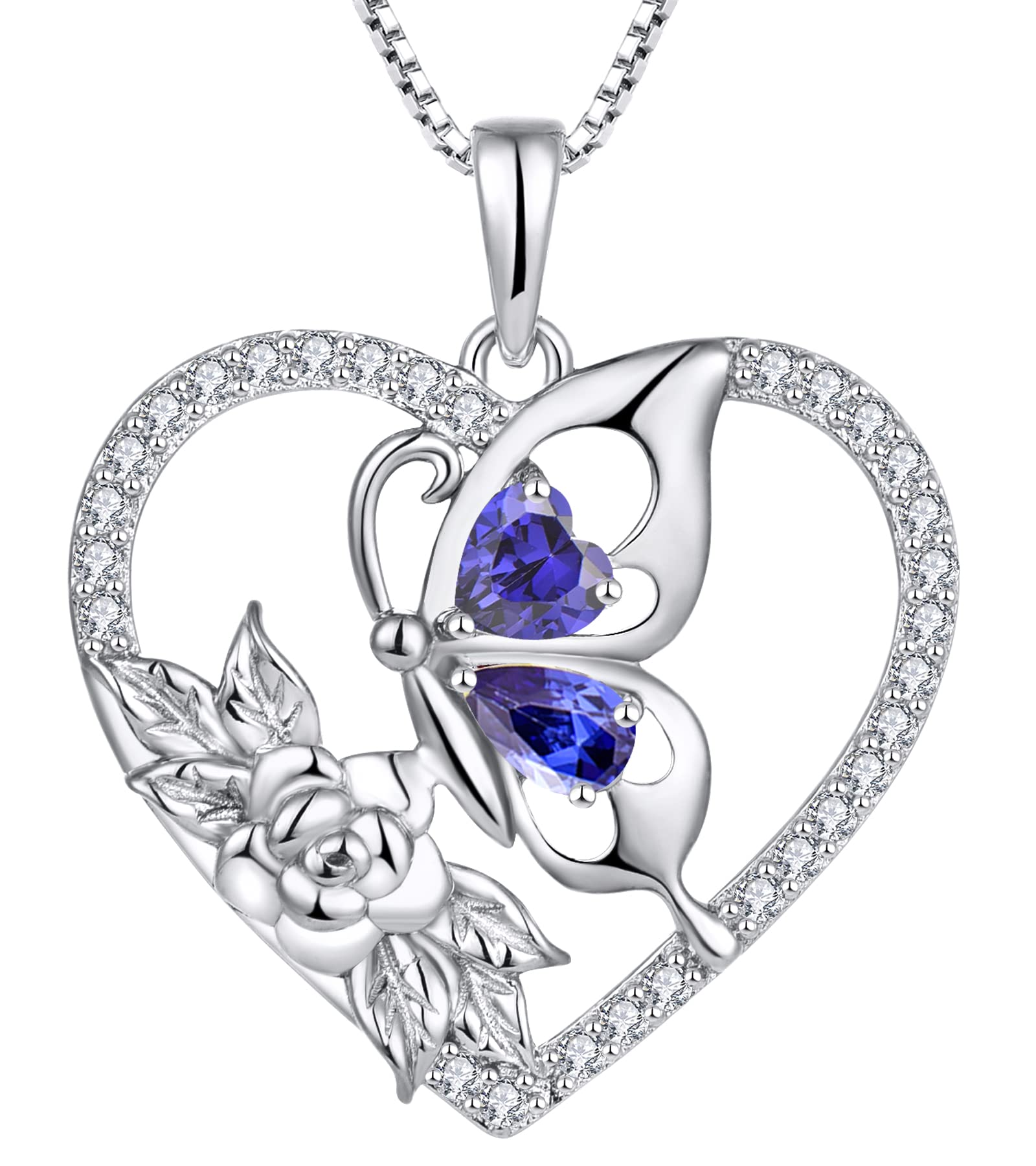 YL Women's Butterfly Necklace - 925 Sterling Silver Flower Rose Pendant with Birthstone Halo | Elegant Jewelry for Birthdays, Anniversaries & Special Occasions