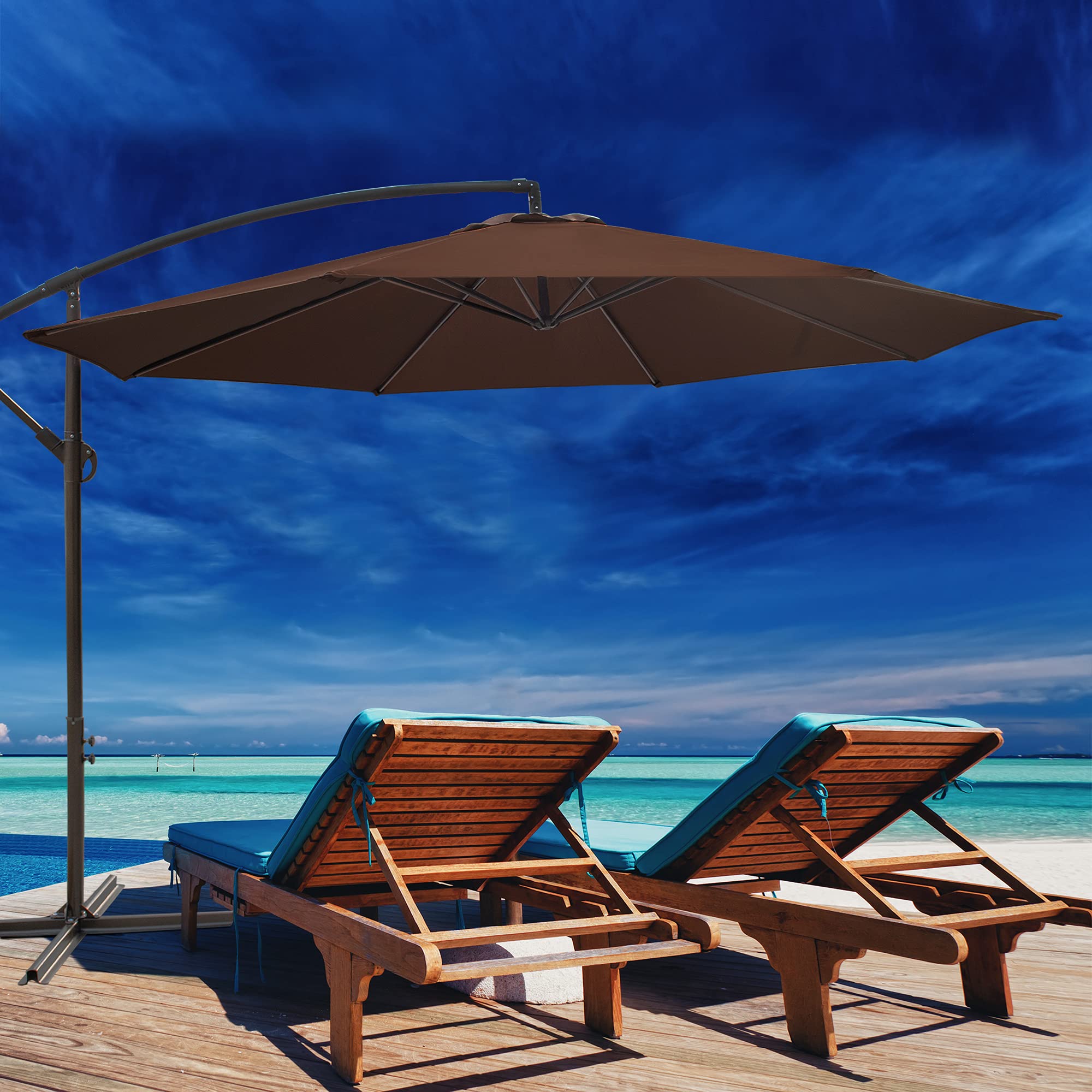 10FT Offset Cantilever Patio Umbrella with Crank & Cross Base - Outdoor Hanging Market Umbrella for Backyard, Poolside, Lawn, Garden - Sun Shade for Dining, Lounging, and Outdoor Relaxation (Brown)
