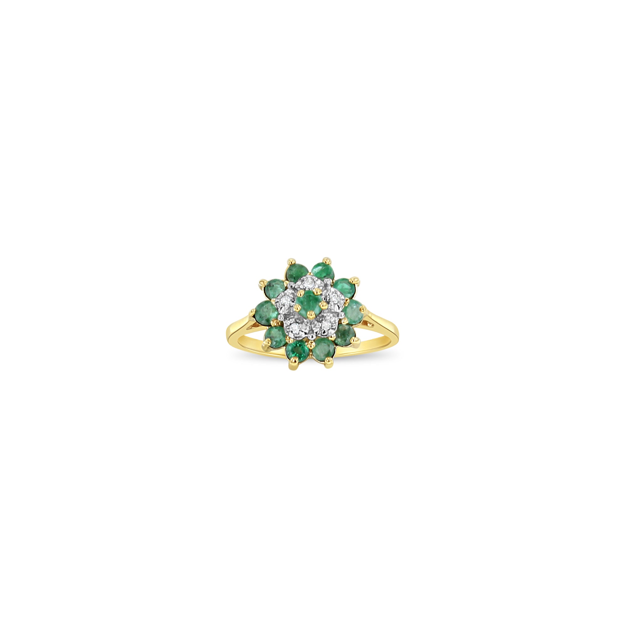 1.00cttw Emerald & Diamond Halo Flower Ring in 10k Yellow Gold - Elegant Jewelry for Weddings, Anniversaries & Special Occasions