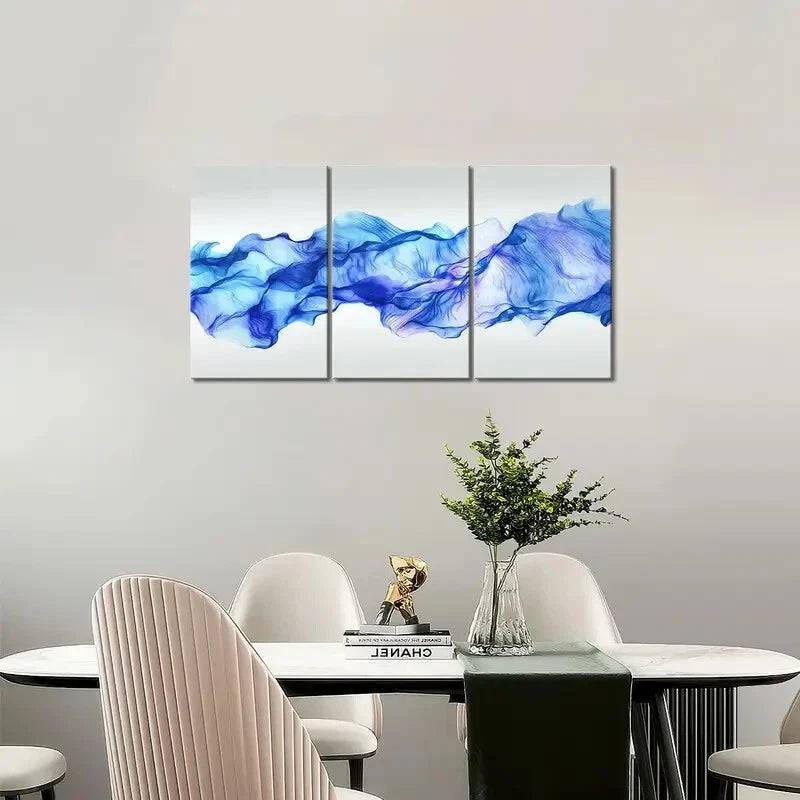 3-Piece Abstract Blue Smoke Painting Metal Prints - Ready to Hang Wall Art Decor for Living Room, Bedroom & Office