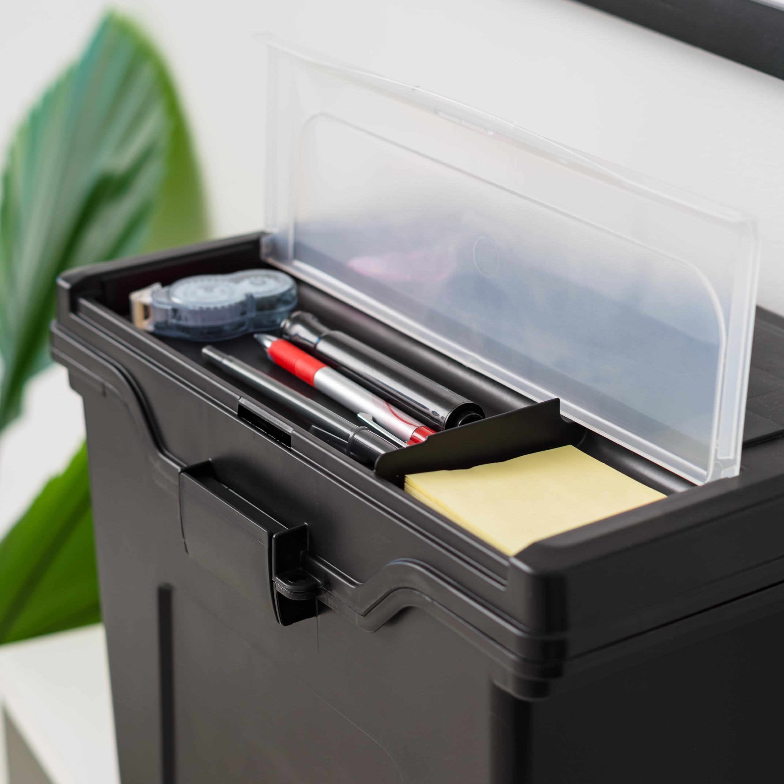 IRIS USA Plastic File Box with Lid - Water Resistant Document Organizer with Handle, Secure Buckle & Lockable Design - Portable Letter File Storage for Office, Home, School & Business Use - Black