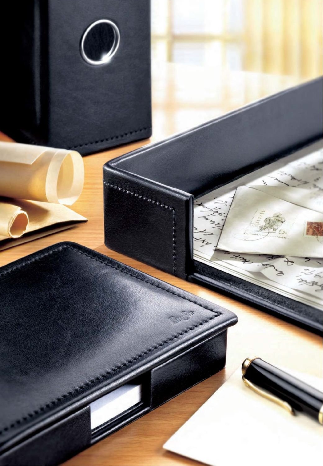 Ambiente Modena 33016 Genuine Leather Letter Holder - 6.3 x 2.6 x 3.3 Inches, Black - Stylish Desk Organizer for Home & Office