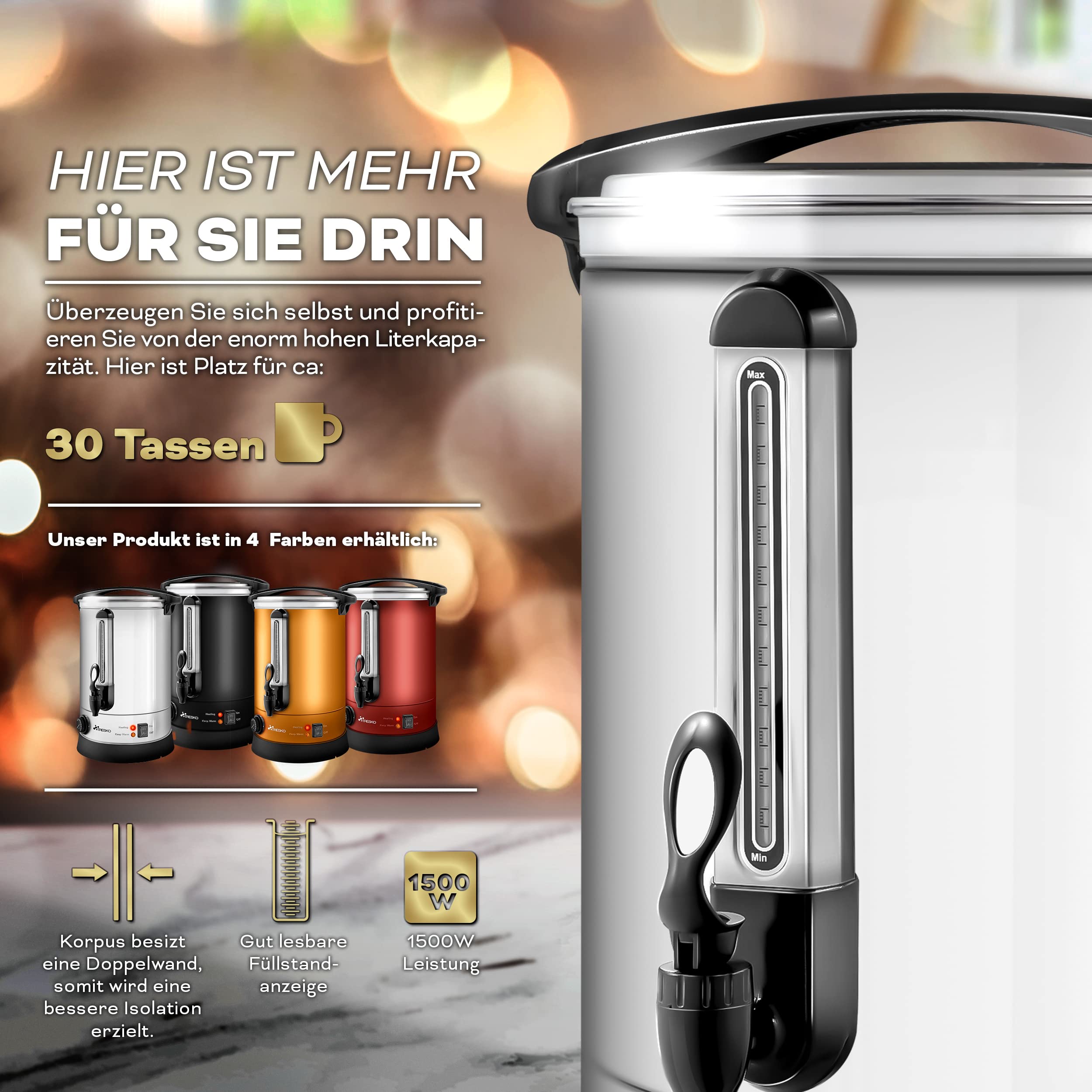 TRESKO® 10L 1500W Stainless Steel Automatic Mulled Wine Kettle - Hot Beverage Dispenser & Hot Water Distributor for Home, Restaurant & Party Use