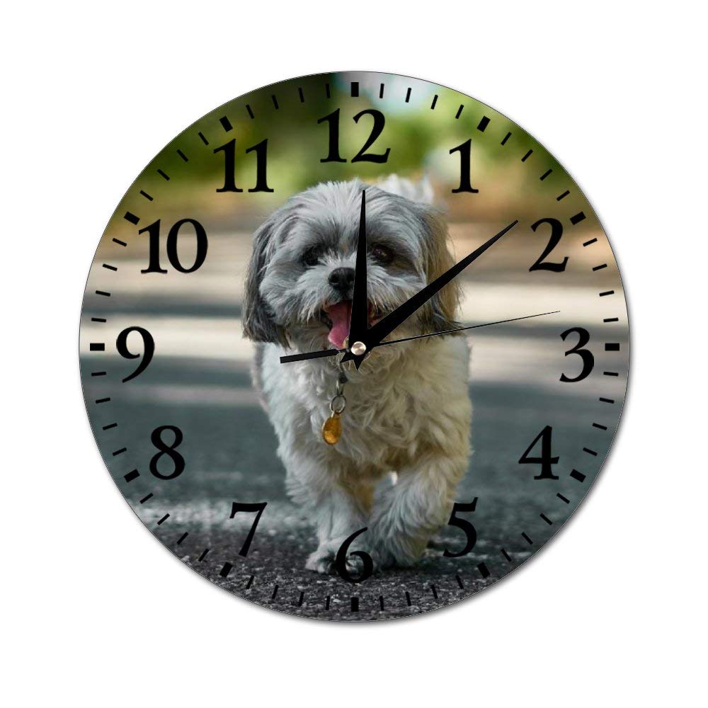 White and Black Shih Tzu Round Glass Wall Clock - Vintage Home Decor for Kitchen, Office & Living Room - Silent Non-Ticking Hanging Clock - Perfect Gift for Dog Lovers & Home Decoration
