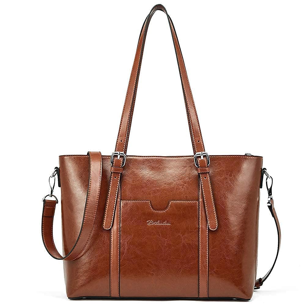 BOSTANTEN Women's Genuine Leather Laptop Tote Bag - 15.6 Inch Vintage Office Shoulder Briefcase & RFID Blocking Bifold Wallet with Zipper Pocket and ID Window | Perfect for Work, Business Meetings and Everyday Use