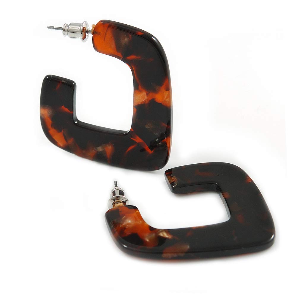 Trendy Tortoise Shell Square Hoop Earrings for Women - Brown/Black Acrylic Plastic Resin Chunky Statement Earrings (38mm) - Perfect for Casual Wear, Parties & Gift Giving