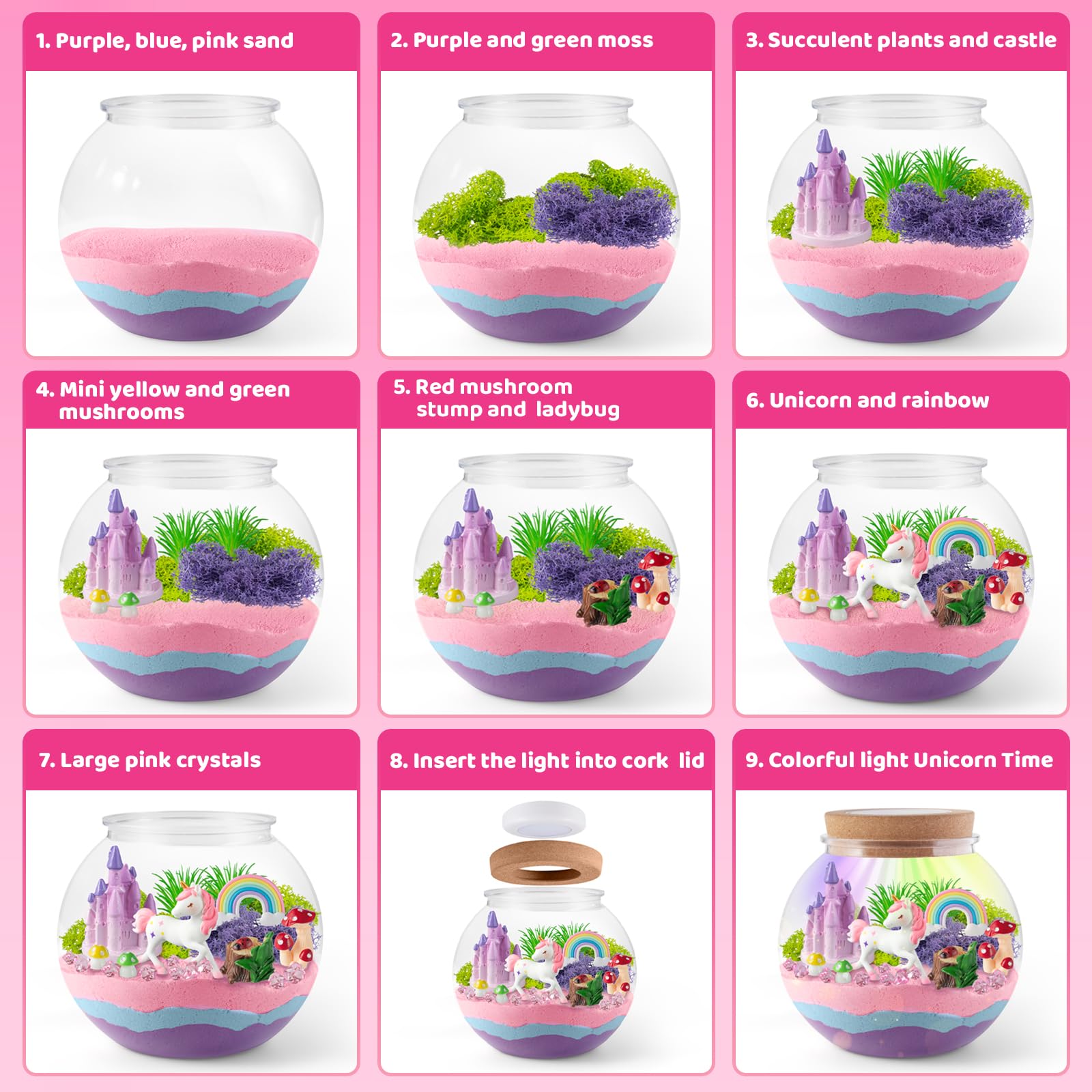 JOYEEMAX Unicorn Terrarium Kit with LED Lights - DIY Arts & Crafts Night Light for Kids Ages 4-12 - Creative Birthday Gift for Girls - Educational STEM Toy for Bedroom Decor & Relaxation
