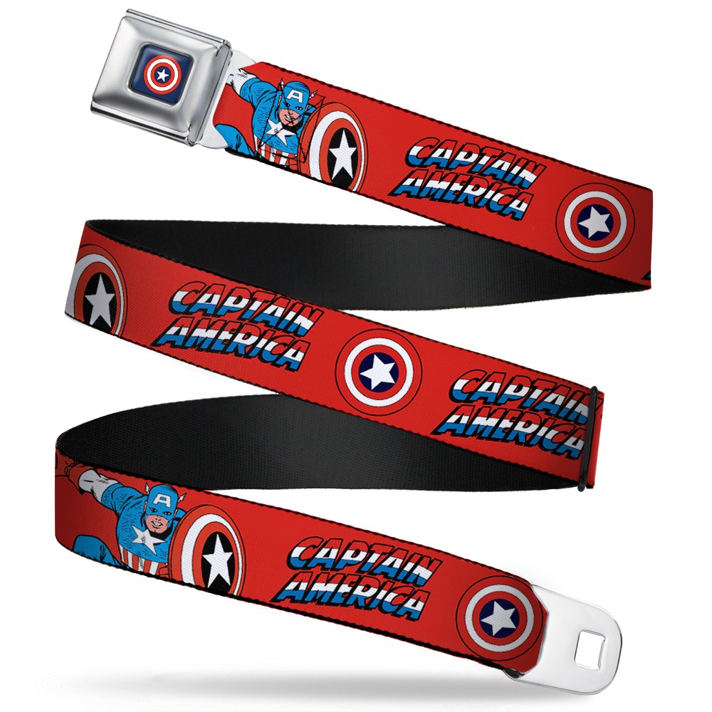 Buckle-Down Men's Seatbelt Belt - Captain America Design - Adjustable Waist Belt for Cosplay & Everyday Wear - Perfect for Marvel Fans, Comic Con & Superhero Costume Accessories