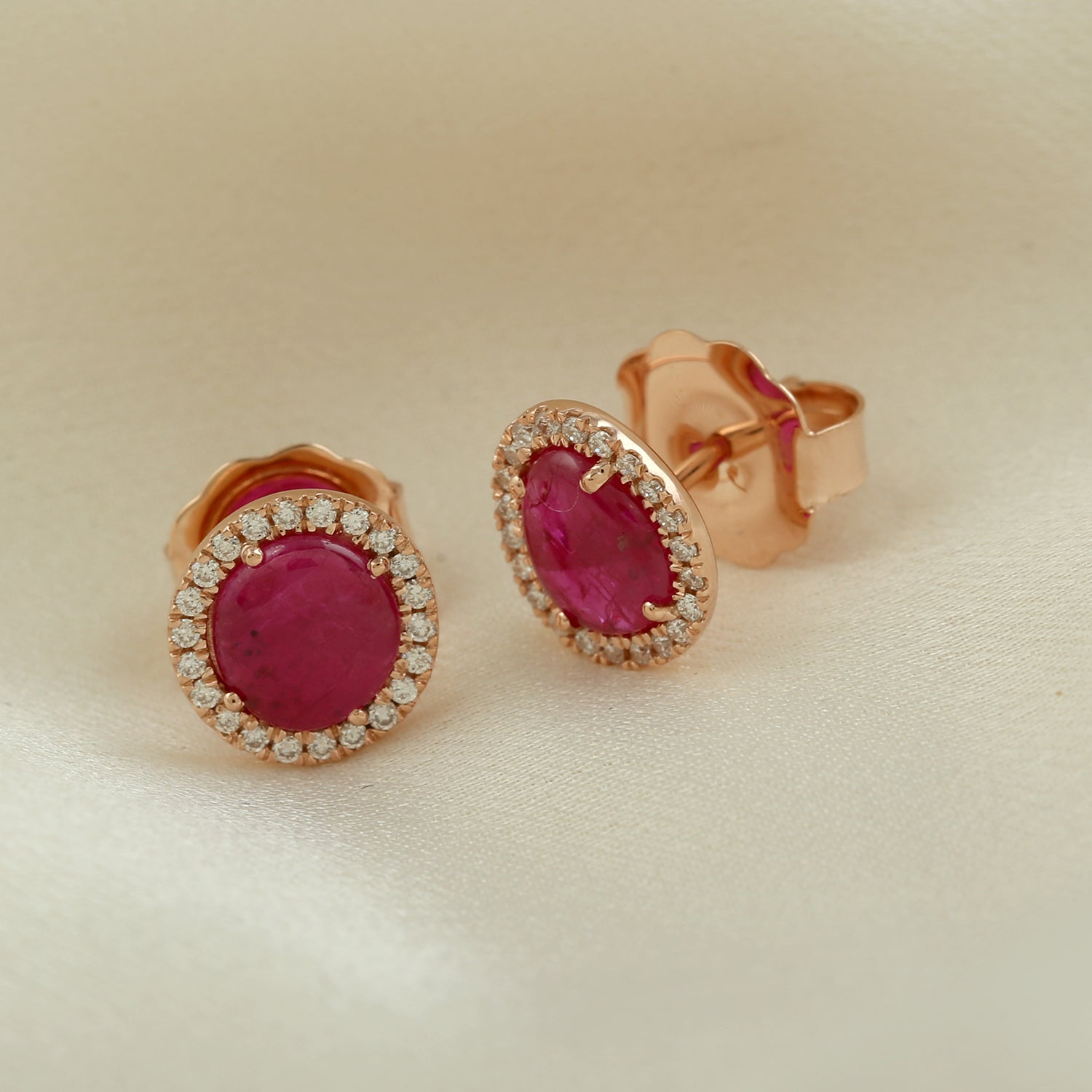 18K Rose Gold Ruby July Birthstone Stud Earrings with Pave Diamond Halo - Perfect Gift for Birthdays, Anniversaries & Special Occasions