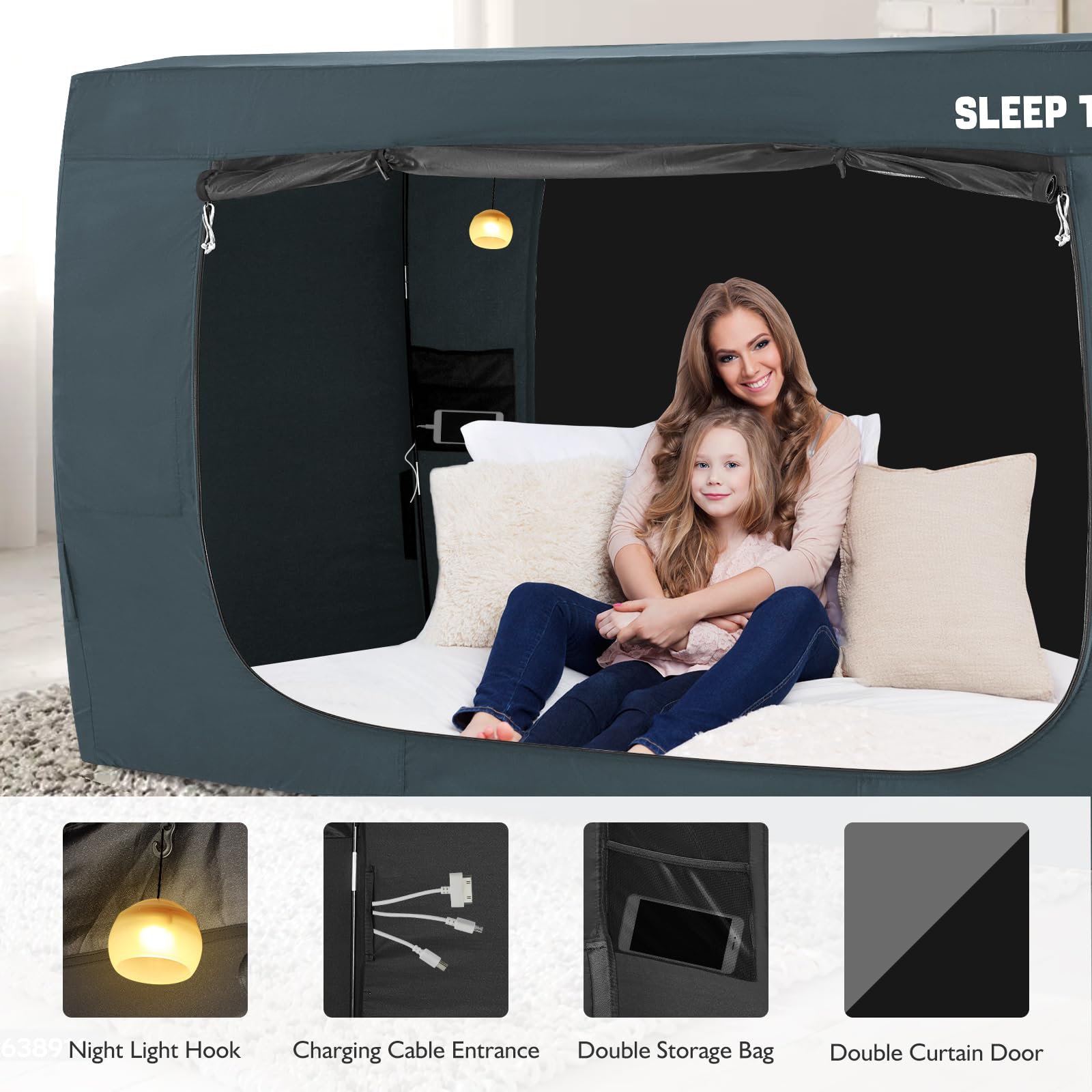 BORNA Full Bed Canopy Tent - Portable Light Reducing Sleeping Canopy for Kids & Adults, Breathable Privacy Space with Mosquito Netting (Navy Blue) - Perfect for Bedrooms, Dorms, Camping & Creating Cozy Sleep Spaces