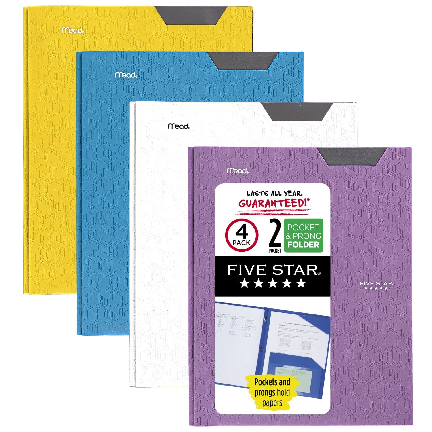 Five Star 2-Pocket Plastic Folders, 4-Pack with Stay-Put Tabs & Prong Fasteners - Letter Size 11