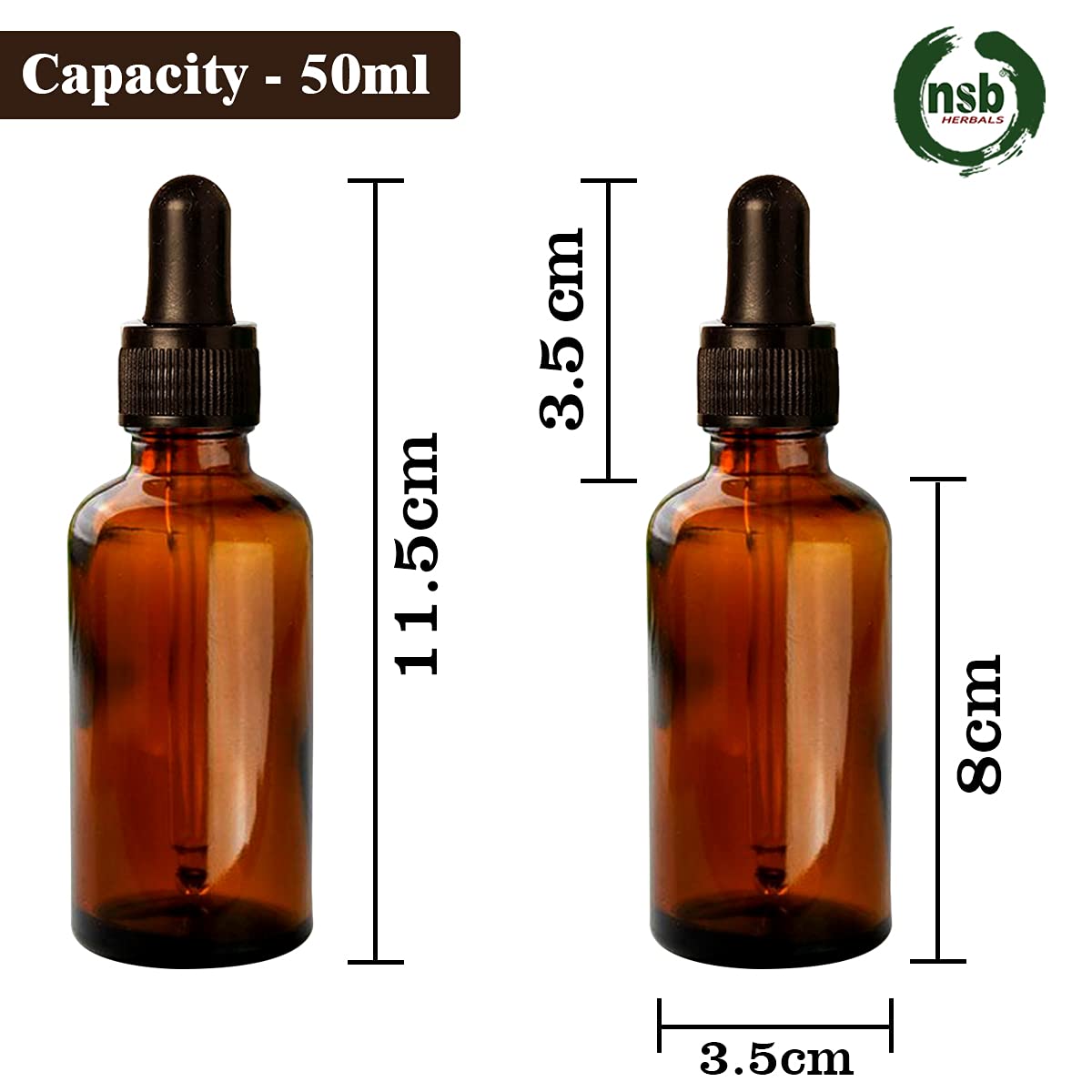 NSB Herbals 50ml Amber Round Empty Glass Bottle with Glass Dropper, Black Ring & Silicone Teat - Leak Proof, Refillable, Reusable for Essential Oils, Perfumes, DIY Blends (Pack of 3) | Perfect for Aromatherapy, Travel & Home Storage