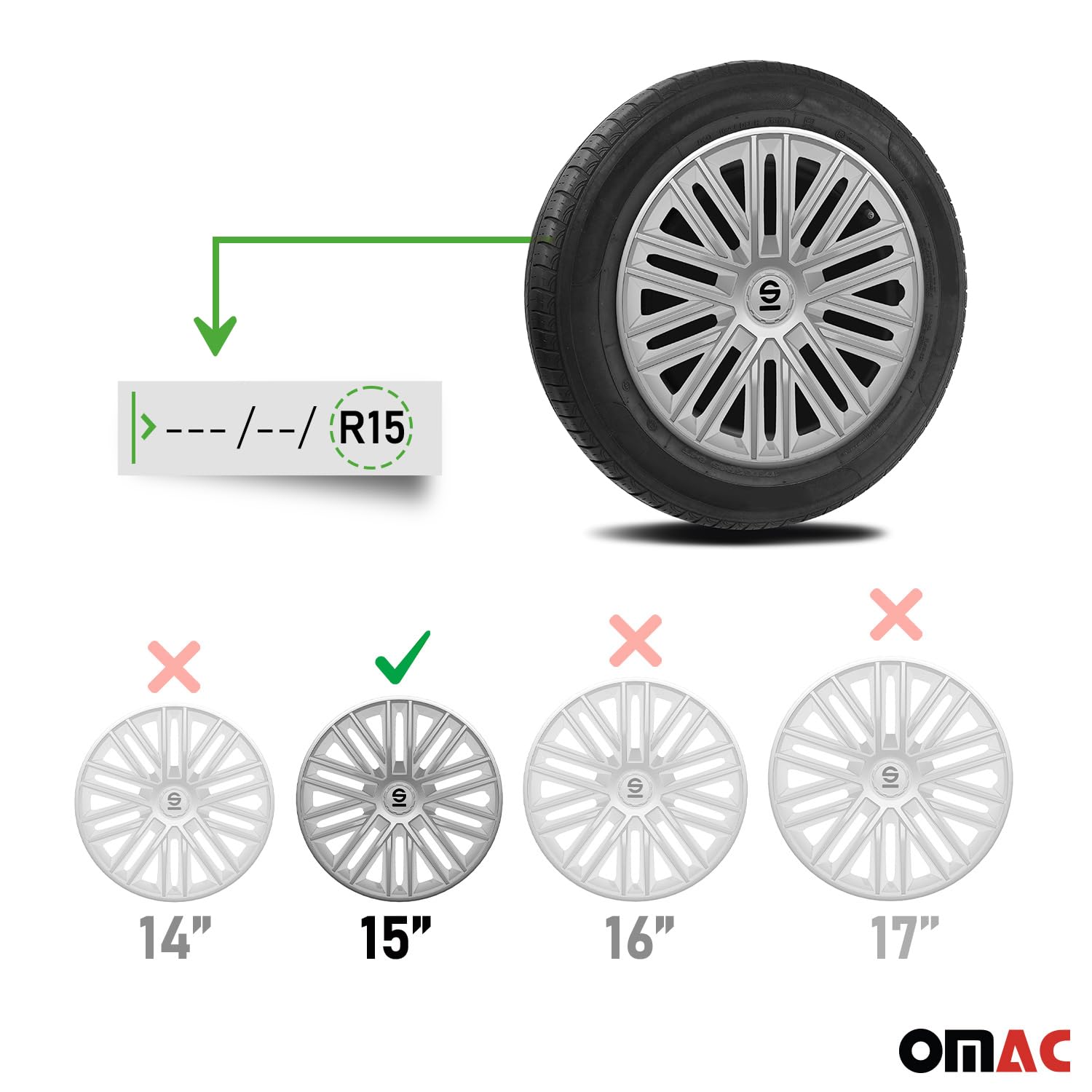Sparco Bergamo 15-inch Silver Wheel Covers (Set of 4) - Premium Car Rim Protectors for Sedans & SUVs - Perfect for Road Trips & Daily Commutes