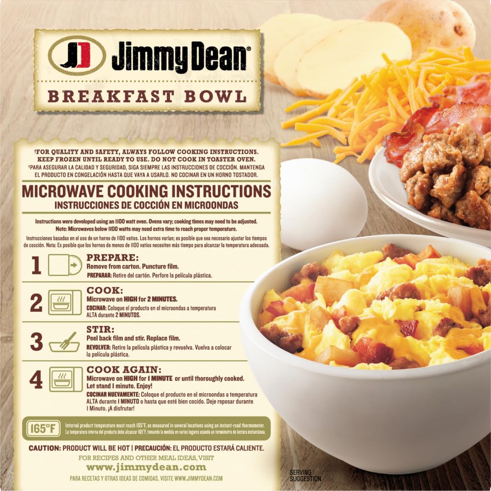 Jimmy Dean Meat Lovers Breakfast Bowl - Frozen Single Serve Scrambled Eggs with Sausage, Bacon & Cheese | Quick Microwave Meal for Busy Mornings, Office Lunch or Camping Breakfast