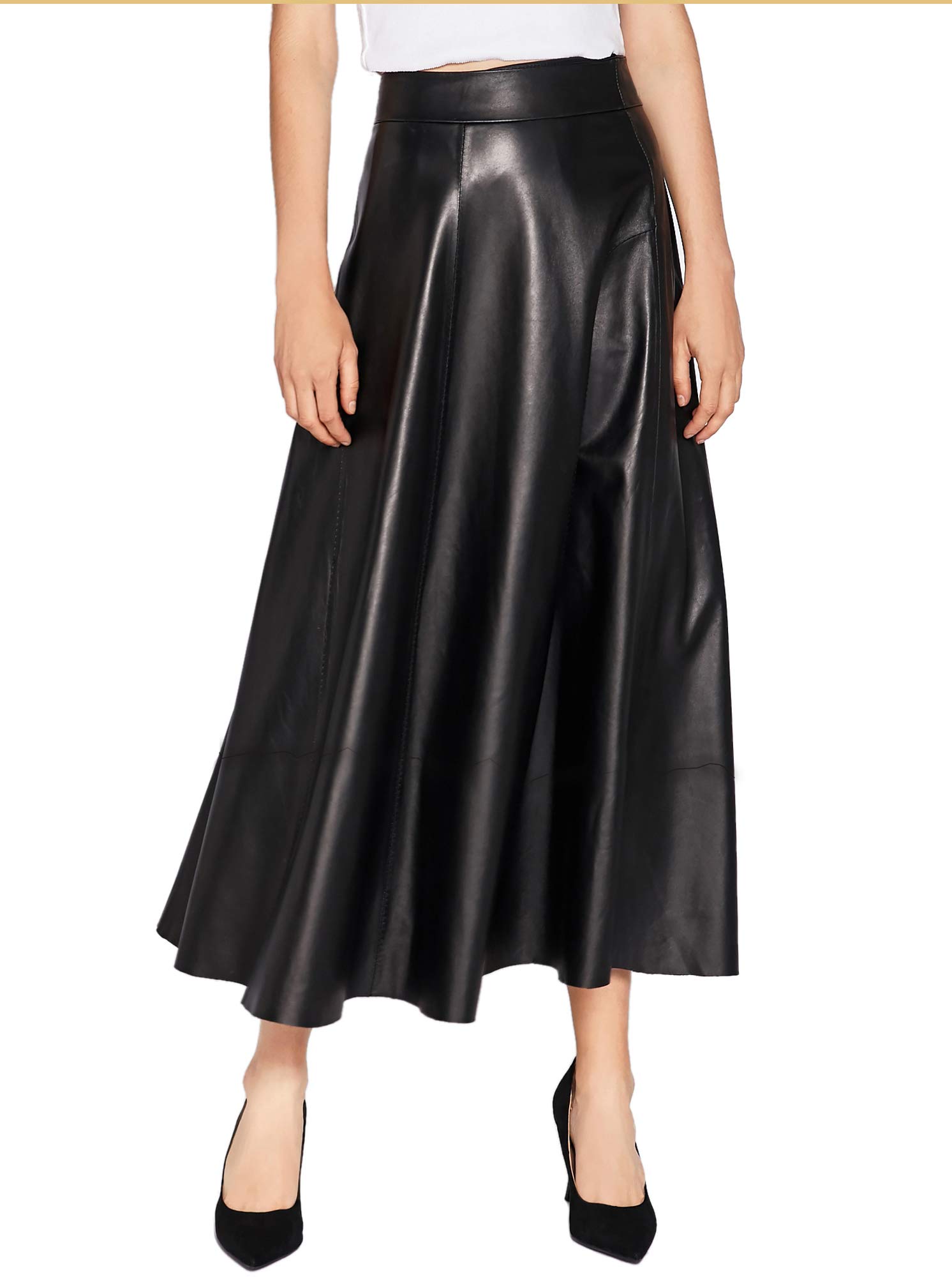 Women's High Waist Leather Skater Skirt - Flared Midi Skirt for Women, Black, Vintage Style A-Line Skirt for Casual Outfits, Office Wear & Date Night