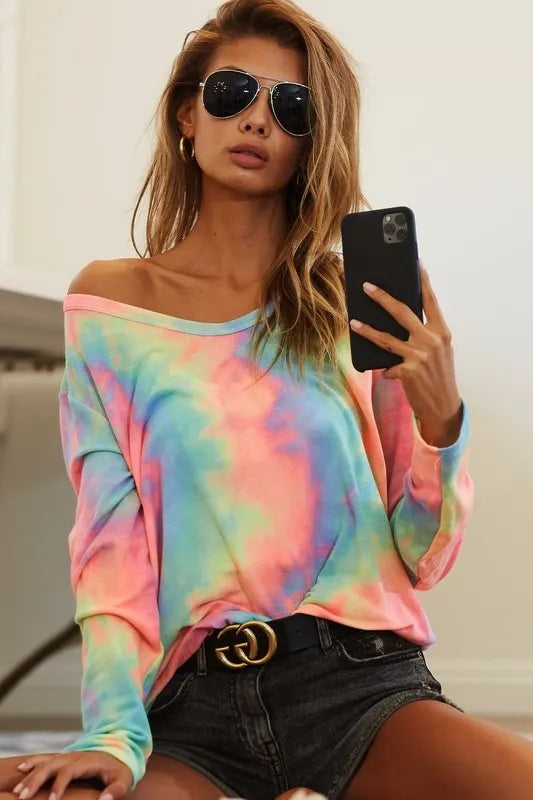 BiBi Tie Dye French Terry Long Sleeve Knit Top - Soft Casual Women's Pullover Sweatshirt for Fall & Winter | Lounge, Streetwear, Layering Outfits