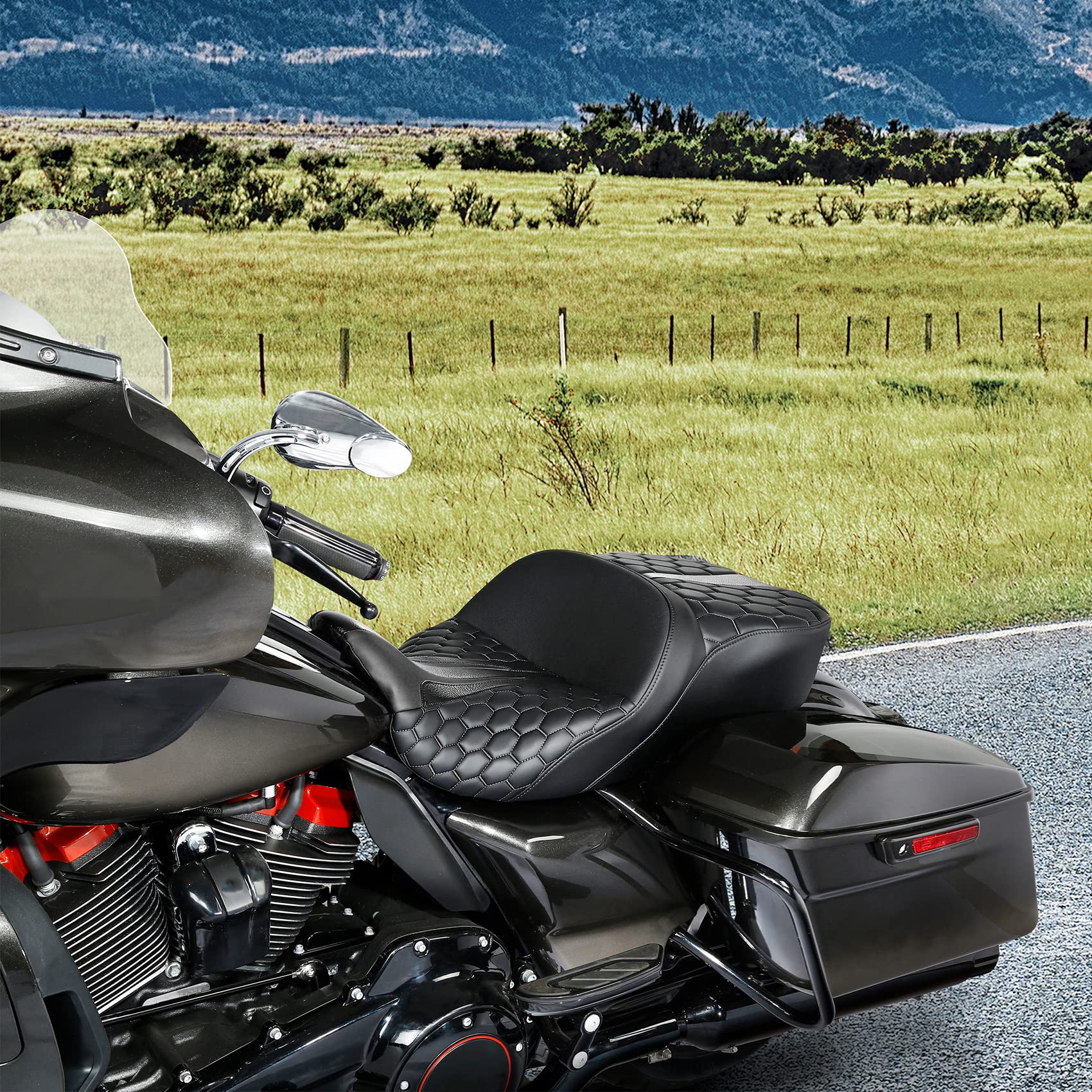 **C.C. RIDER Motorcycle Passenger Seat for Harley Touring Models (2009-2023) – Universal Fit for Road King FLHR, Street Glide FLHX, Road Glide FLTRX & Electra Glide FLHT – Comfortable 2-Up One-Piece Design with Bagger Comb Straps – Perfect for Long Rides & Road Trips**