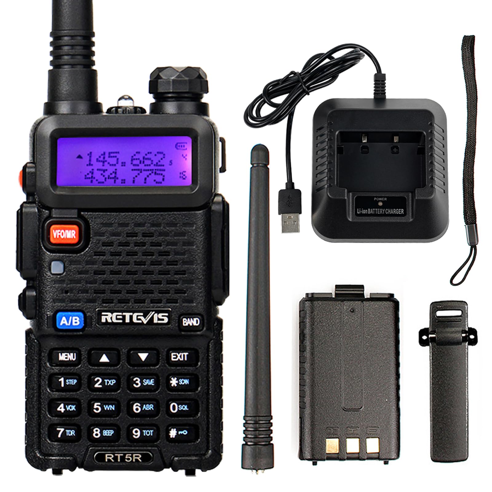 Retevis RT5R Long Range Two-Way Radio - 128 Channels VOX, LED Light, Rechargeable Walkie Talkie with FM for Hunting, Outdoor Adventures & Emergency Communication (Black, 1 Pack) - Perfect for Camping, Hiking & Construction Sites