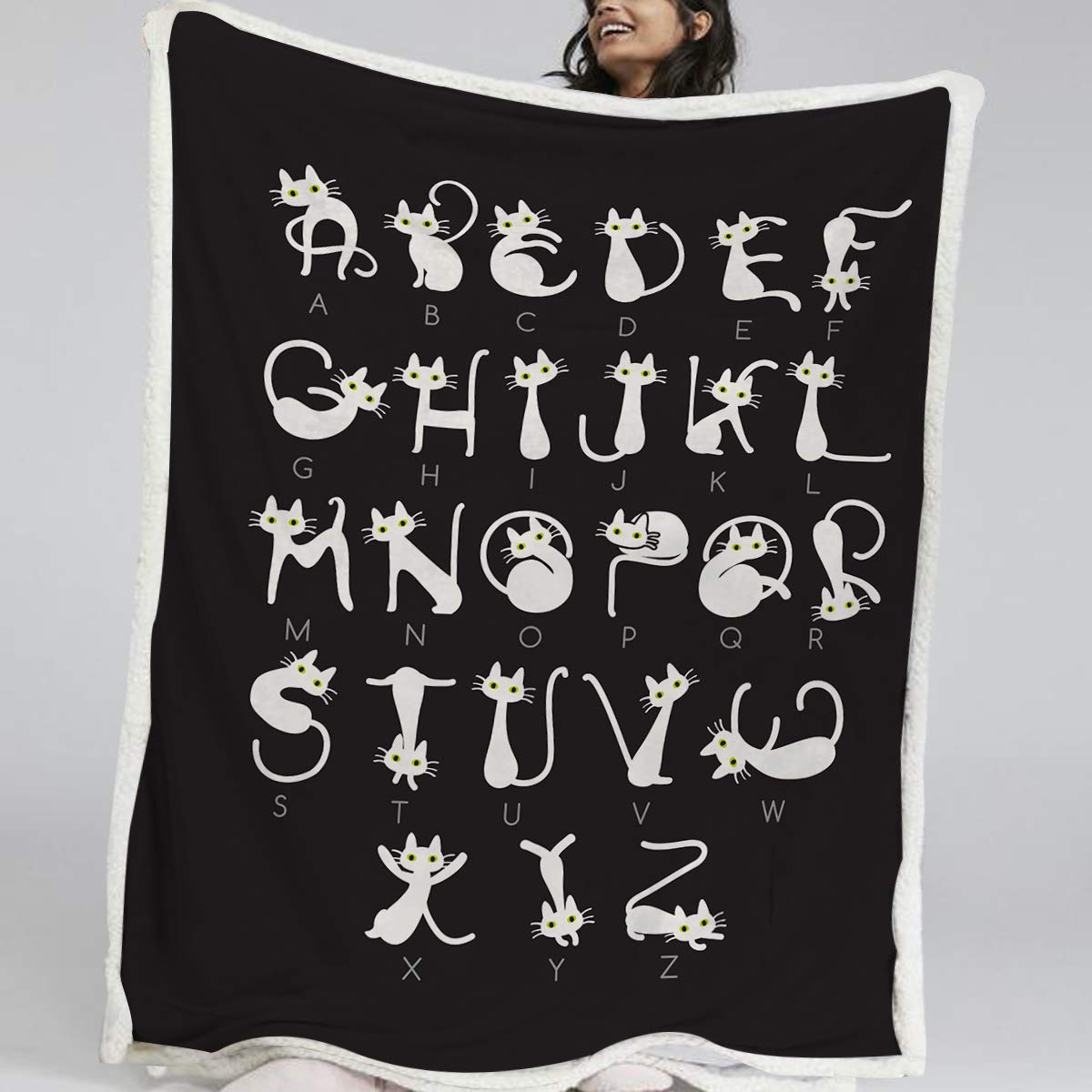 BlessLiving Reversible Sherpa Blanket with Alphabet Cats - Ultra Soft & Warm Fuzzy Blanket for Adults & Kids (60