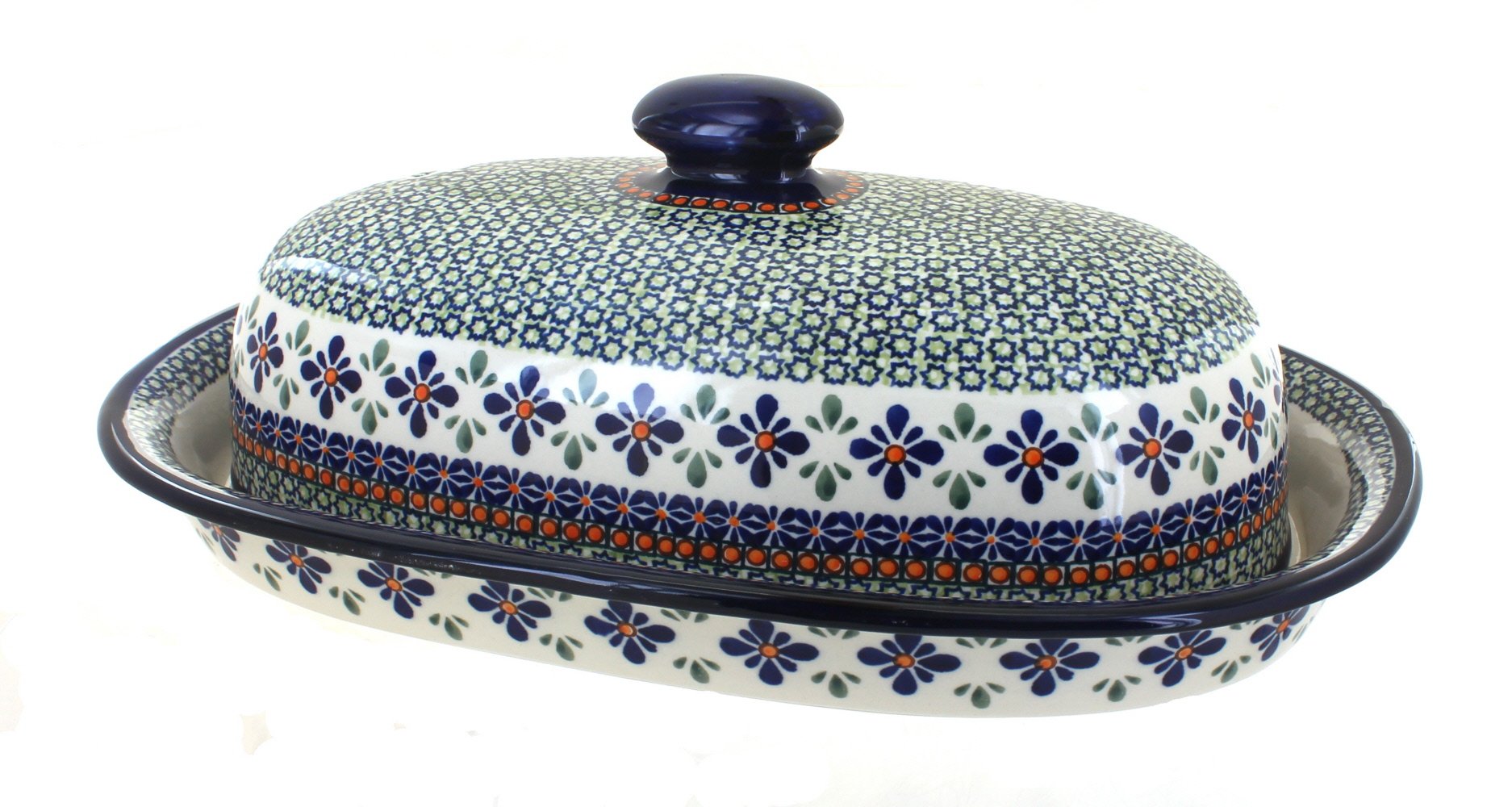 Blue Rose Polish Pottery Mosaic Flower Bread Box - Handmade Ceramic Bread Storage Container for Kitchen Countertop - Perfect for Storing Bread, Pastries & Baked Goods