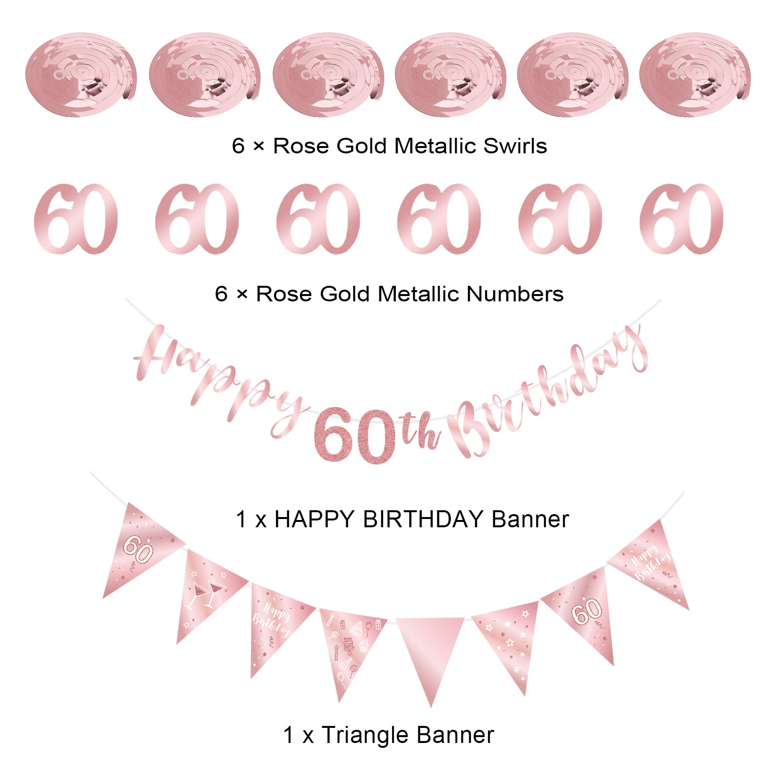 60th Birthday Party Decorations Kit for Women - Rose Gold Happy Birthday Banner, Bunting Swirls & Triangle Flags - Perfect for Milestone Celebrations, Retirement Parties & Anniversary Decor