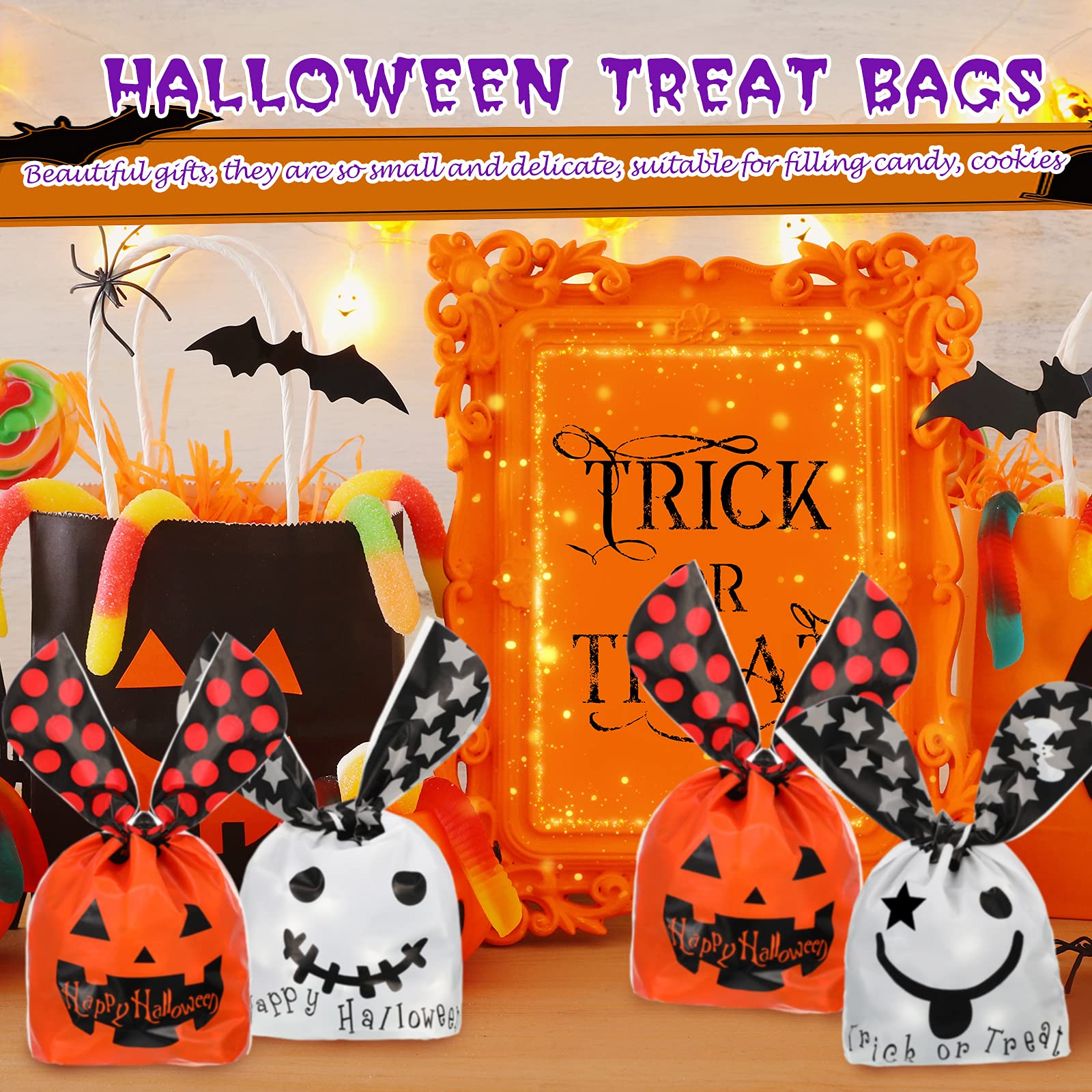 Chinco 100-Pack Halloween Plastic Candy Bags - Orange Pumpkin & White Ghost Treat Bags for Party Favors, Snacks & Decorations | Halloween Party Supplies, Trick-or-Treat Bags, Candy Containers for School Events & Neighborhood Halloween Celebrations