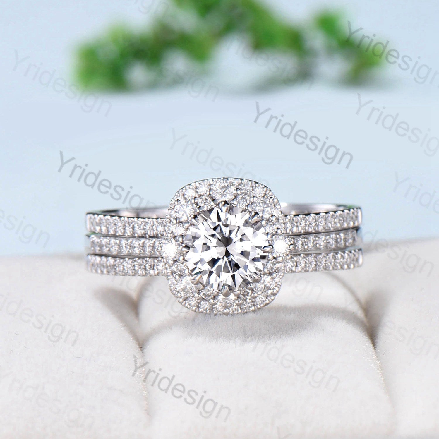 Vintage Double Halo Moissanite Engagement Ring Set - 14K White Gold Wedding Band with Diamond Accents for Women - Perfect for Bridal Jewelry, Anniversary Gifts & Proposal Scenes