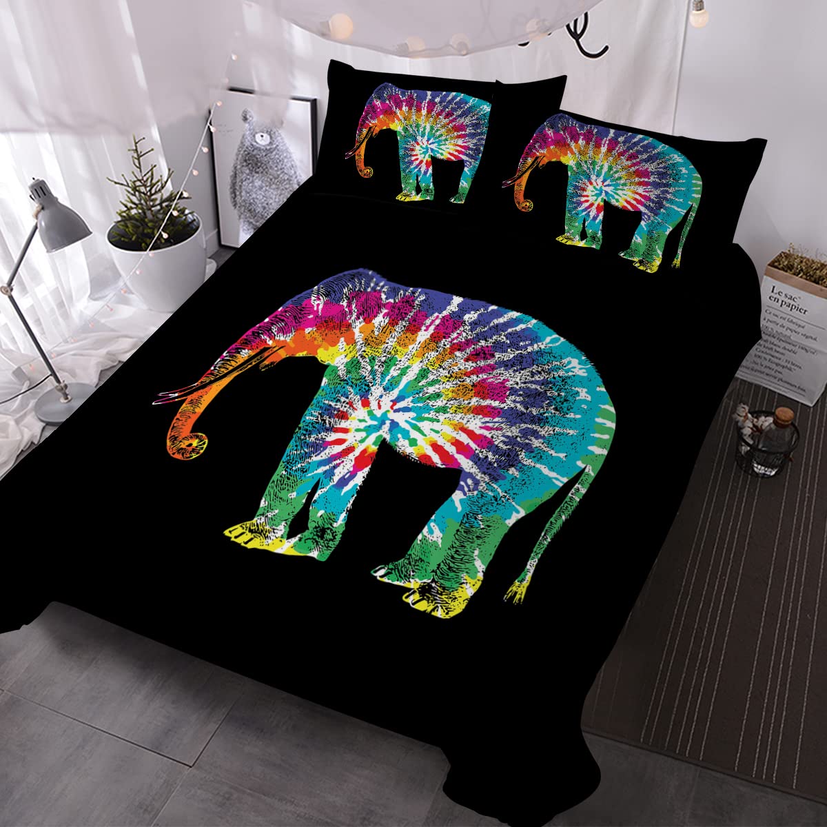 BlessLiving Tie Dye Elephant Duvet Cover Set - 3 Piece Bohemian Rainbow Bedding for Queen Size Bed (Black) | Soft & Trendy Comforter Cover for Boho Chic Bedroom Decor