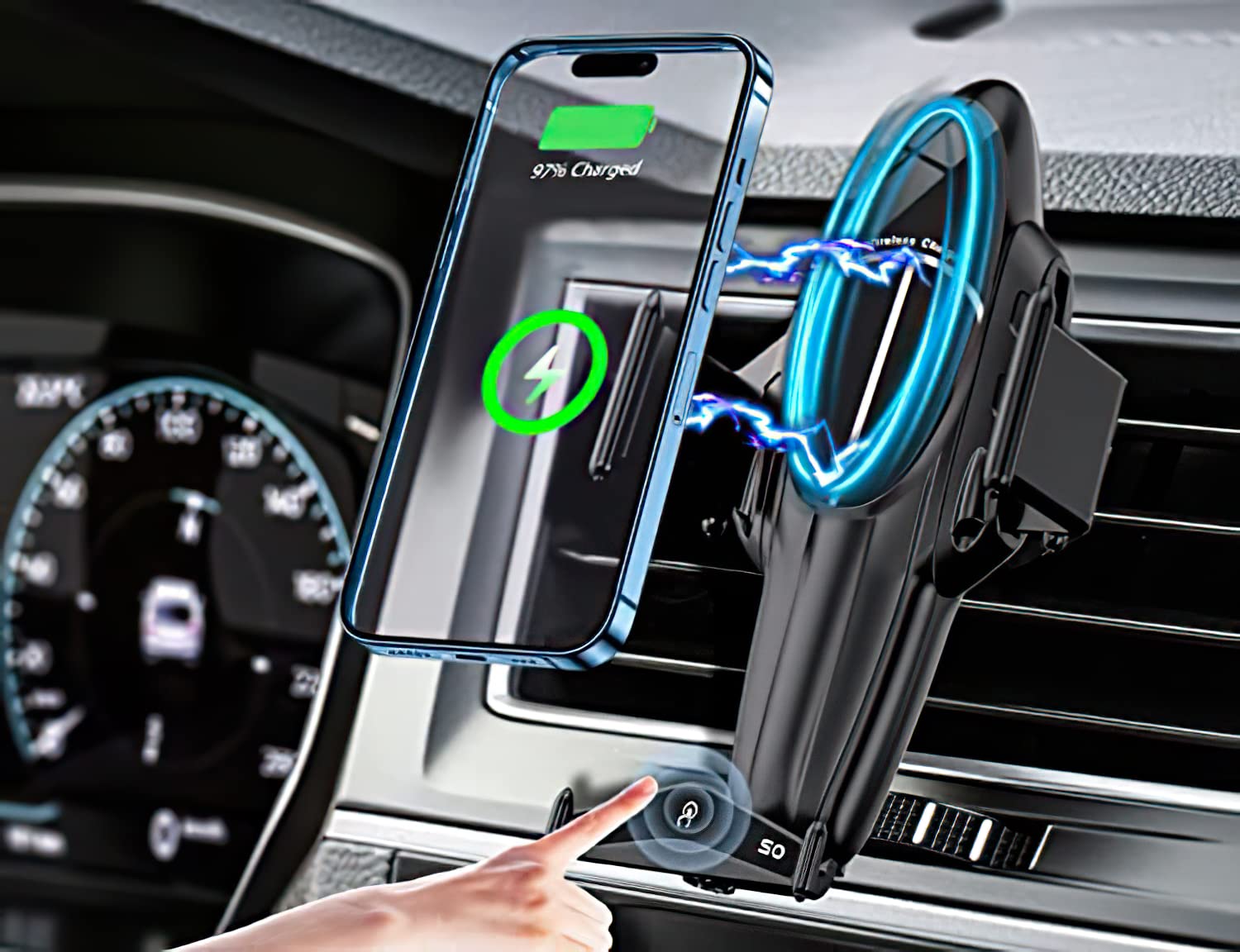 Awirniwy 15W Qi Wireless Car Charger & Phone Mount - Auto-Clamping Holder for iPhone & Android Phones - Fast Charging, Universal Compatibility - Perfect for Commuting, Road Trips & Hands-Free Driving