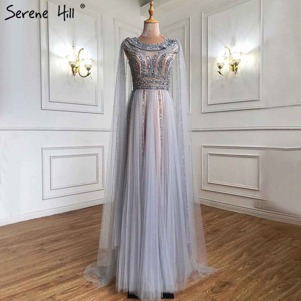 Serene Hill Gold Cape Sleeves A-Line Evening Dress Gown 2025 Luxury Beaded Formal Gown for Women - Perfect for Prom, Gala, Wedding & Black Tie Events