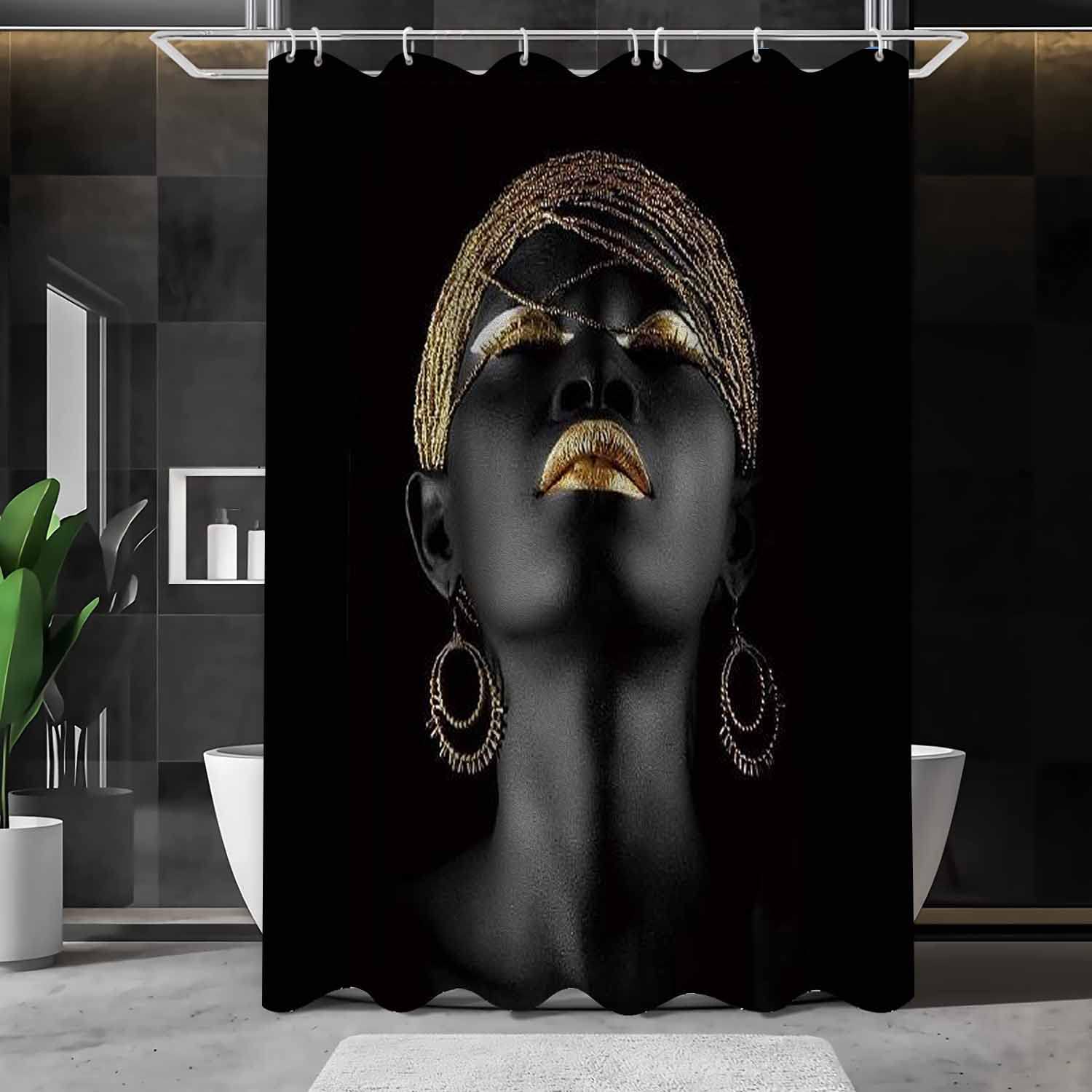 Black Girl Shower Curtain with Gold Lips Design - 48x72 Inch Afro-Inspired Bathroom Decor Set with 8 Hooks - Machine Washable Polyester Fabric for Stylish Bathroom Makeover - Perfect for Black Pride, Cultural Decor & Modern Home Bathrooms