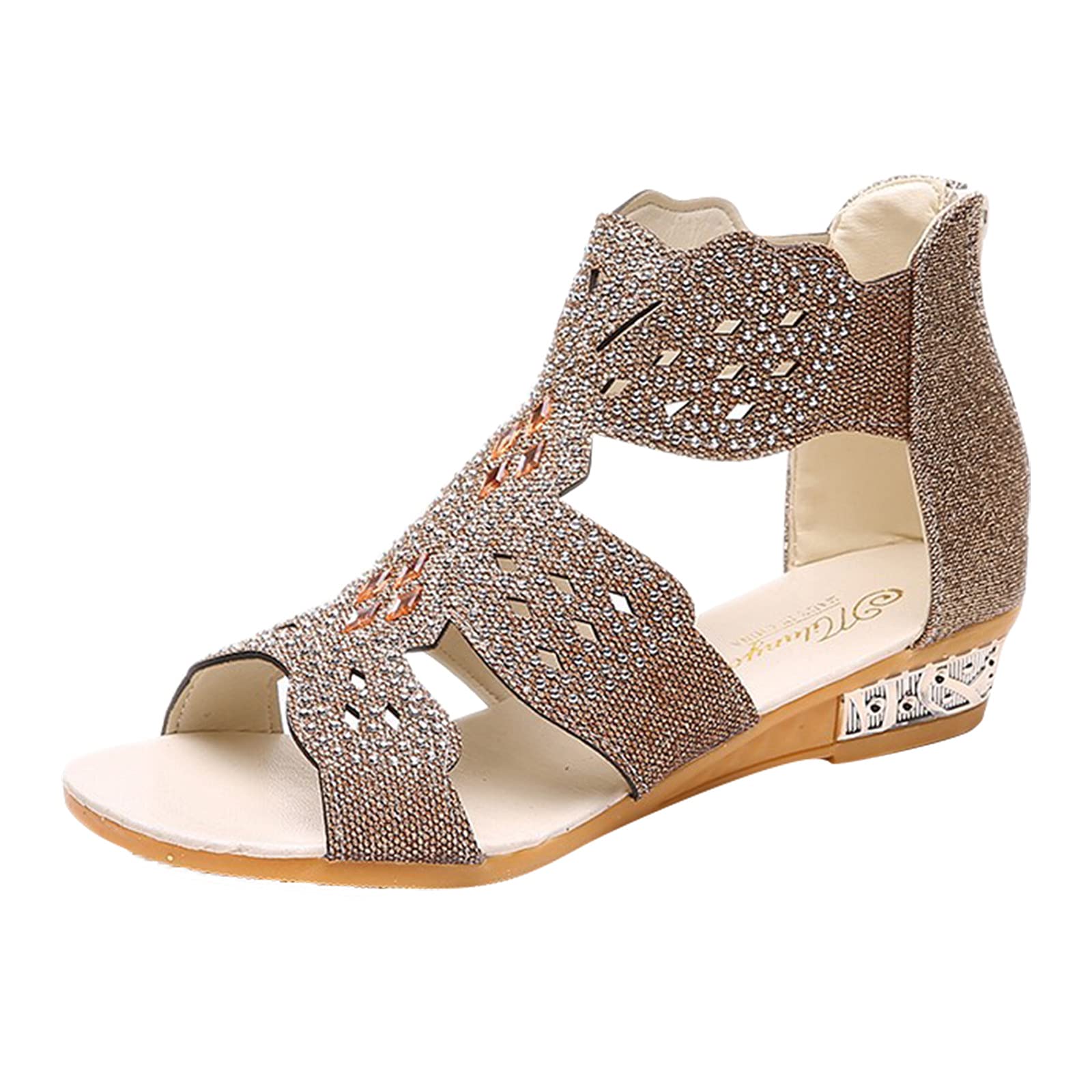 Women's Crystal Wedge Sandals - Open Toe Boho Roman Beach Sandals with Zip Hollow Out Design | Summer Fashion Footwear for Casual Outings, Vacations & Beach Parties