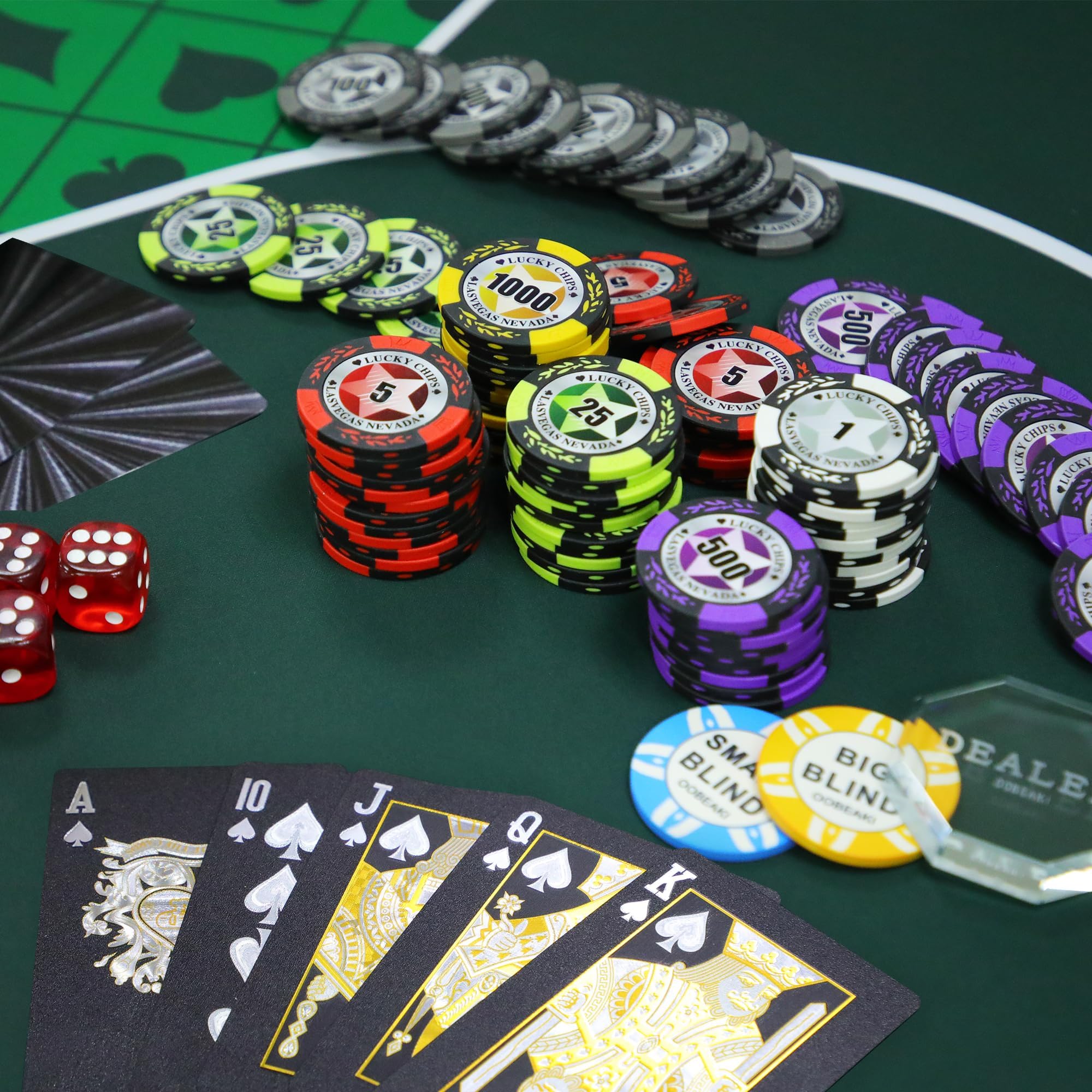 ORIENGEAR 500-Piece 14 Gram Clay Composite Poker Chip Set with Denominations - Includes ABS Case & 2 Decks of Plastic Cards for Texas Hold'em, Blackjack, Casino Night & Home Poker Games